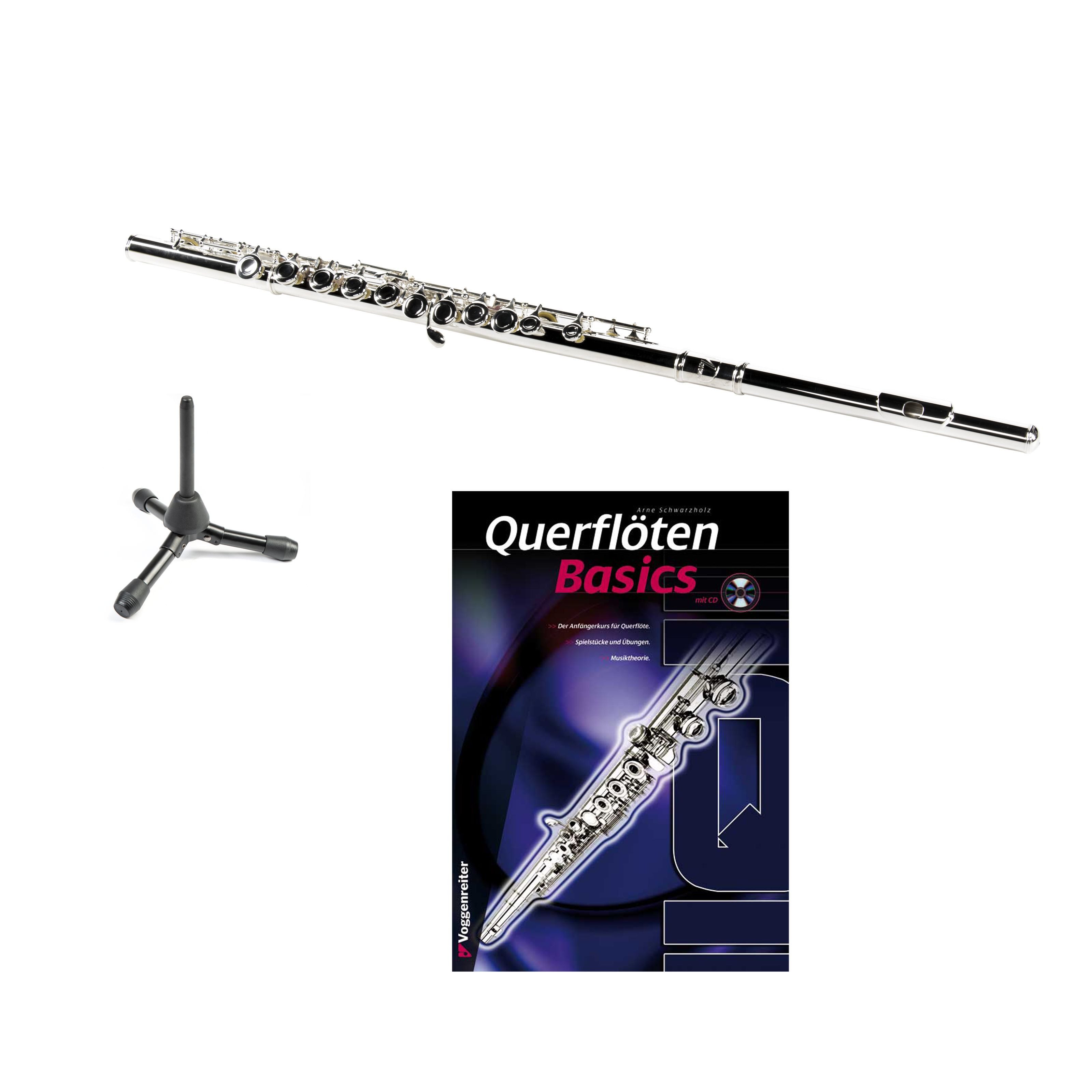 Monzani Querflöte, Querflöte Set MZFL-370 Geschlossene Klappen E-Mechanik C-Fuß Inklusive Etui Stativ und Lehrbuch Japanisches Neusilber, Querflöten, Querflöten-Sets, Querflöte Set, MZFL-370, Geschlossene Klappen