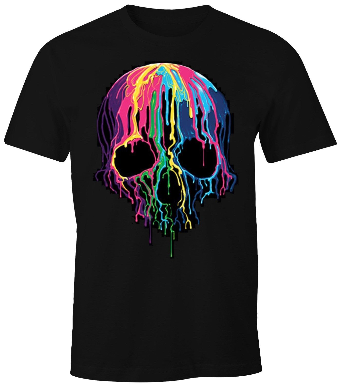 Print-Shirt Herren T-Shirt bunter Totenkopf Neon verlaufende Farben Melting Skull