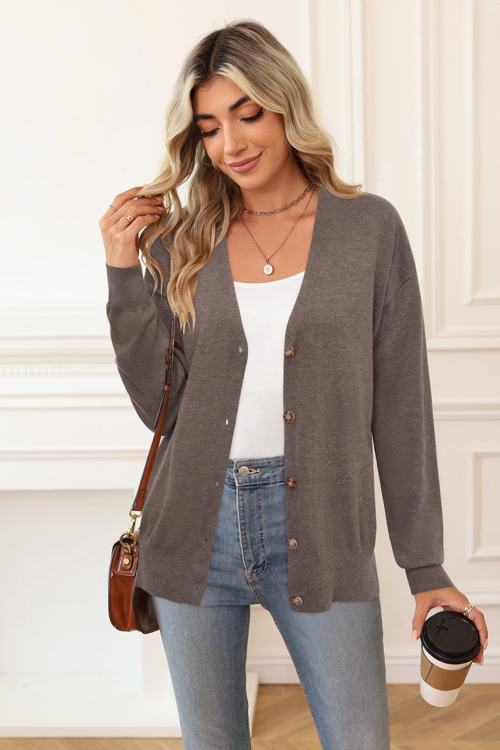 Arach&Cloz Strickjacke Damen Cardigan Strickmantel V-Ausschnitt Langarm mit Knöpfen für Frühling Herbst – Bild 5 von 5