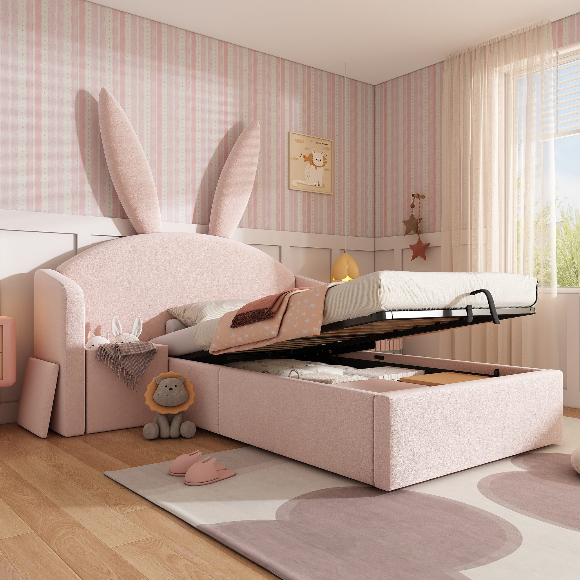 STILVORA Polsterbett 90×200 mit bettkasten Kinderbett Jugendbett ohne Matratze, Rosa (Polsterbett Kinderbett Set mit Hasenohren-Kopfteil + Nachttisch, 90x190cm, Samtbezug, Eisenrahmen, Hydraulik, Stauraum, weich), für Kinderzimmer, Schlafzimmer, Lesen, Spielen, sicher gepolstert