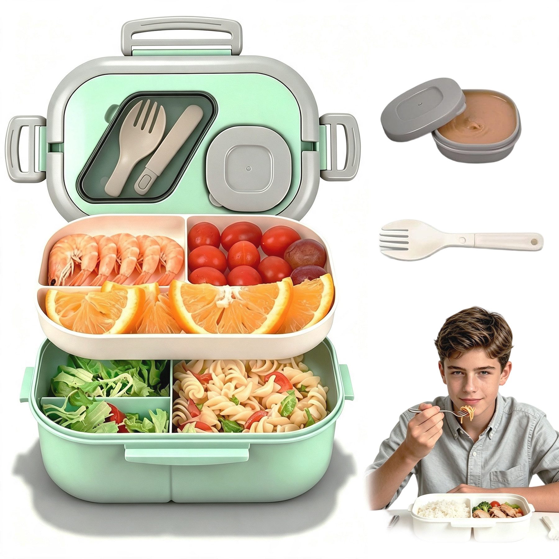 Mutig Lunchbox Brotdose Lunchbox Büro, auslaufsichere mit Fächern 1200 m, (Große Bento Box mit Doppelschichtig 3 Fächern & Besteck & Saucenbox, BPA-Frei, Wiederverwendbar & mikrowellengeeignet), für Schule Arbeit Männer Frauen & Kinder, Unterwegs