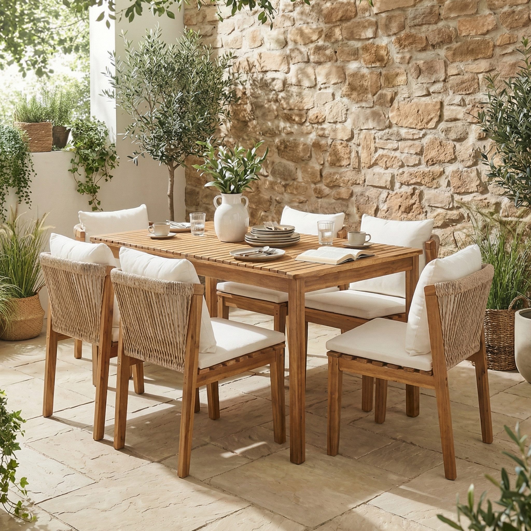 MODFU Gartenlounge-Set für 6 Personen, Massivholz/Beige, (Set, 7-tlg., 1 Tisch & 6 Stühle, Gestell & Platte aus Massivholz), Robuste Gartenmöbel-Set für Terrasse & Balkon