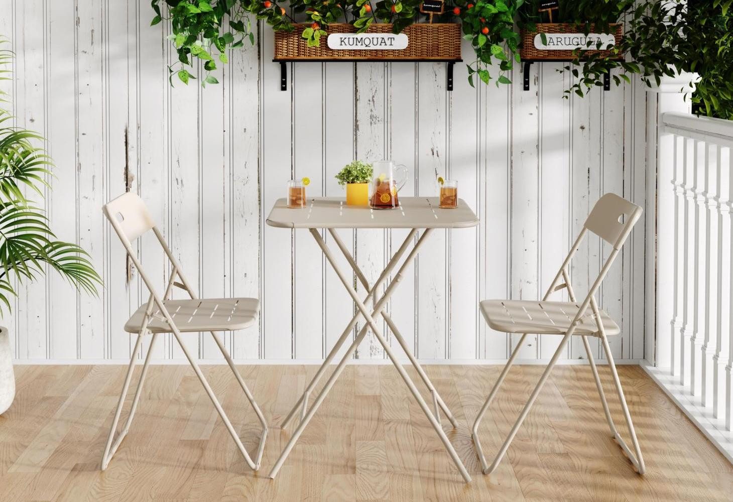 LVHOM Balkonset Gartenmöbel Bistro/Terrasse Set, klappbar, wetterfest, 2 Personen, (rutschfeste Stuhlfuß, durchbrochene Sitzfläche/Tischplatte, Metall, Belastbarkeit des Tisches: 20kg/Stühle: 120kg, ohne Montage), Balkon, Gartenessen, Arbeitszimmer, Cafés,temporäres Set für Messen