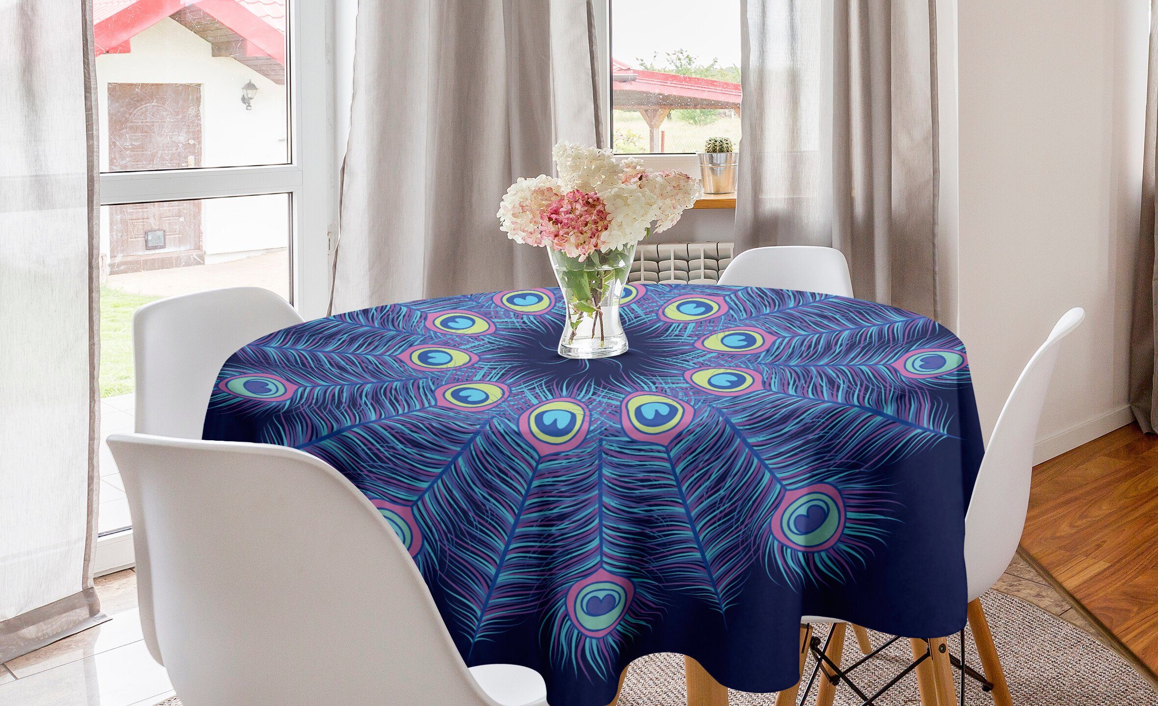Abakuhaus Tischdecke Kreis Tischdecke Abdeckung für Esszimmer Küche Dekoration, Peacock Mandala Mystical Federn
