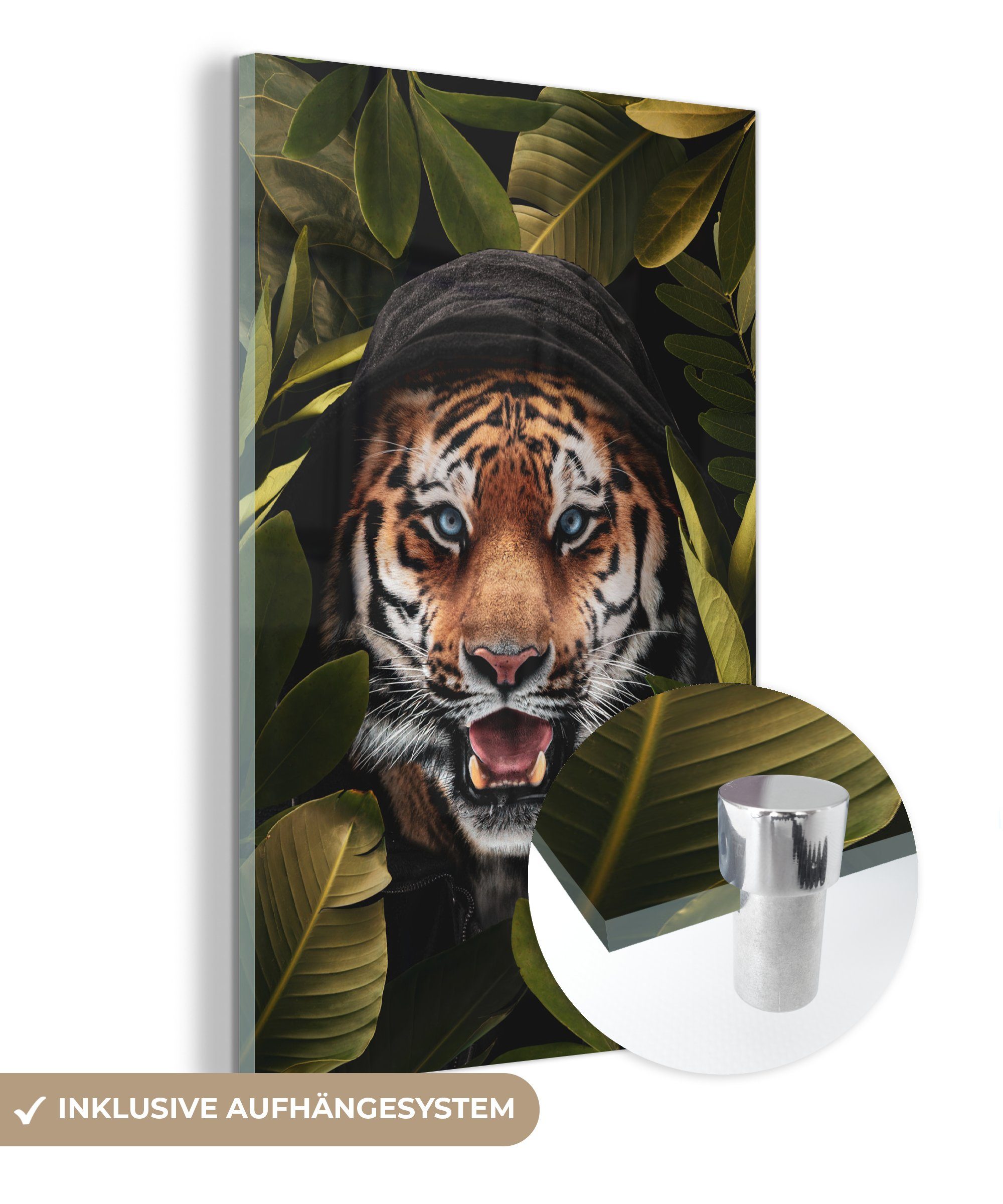 - - bunt Bilder Tiger auf Glas - Wanddekoration Glasbilder Foto Glas St), MuchoWow auf - Wandbild Pflanzen, (1 Blätter Acrylglasbild -