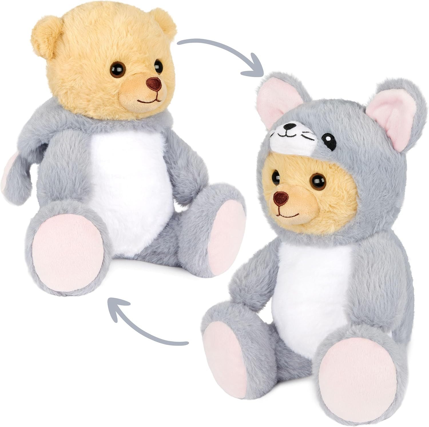 BRUBIES Kuscheltier Teddy Maus - 25 cm Teddybär im Mäusekostüm mit Kapuze (Grau, 1-St), Plüschtier für kuschelige Abenteuer - Kuscheltier Geschenk für Kinder