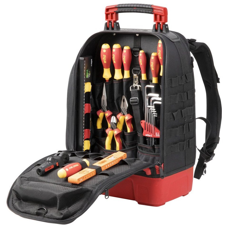Wiha Werkzeugtasche Werkzeugrucksack electric II, 28-teilig, Werkzeuge:  Abisolier-Werkzeug, Maß, Schraubendreher, Zange
