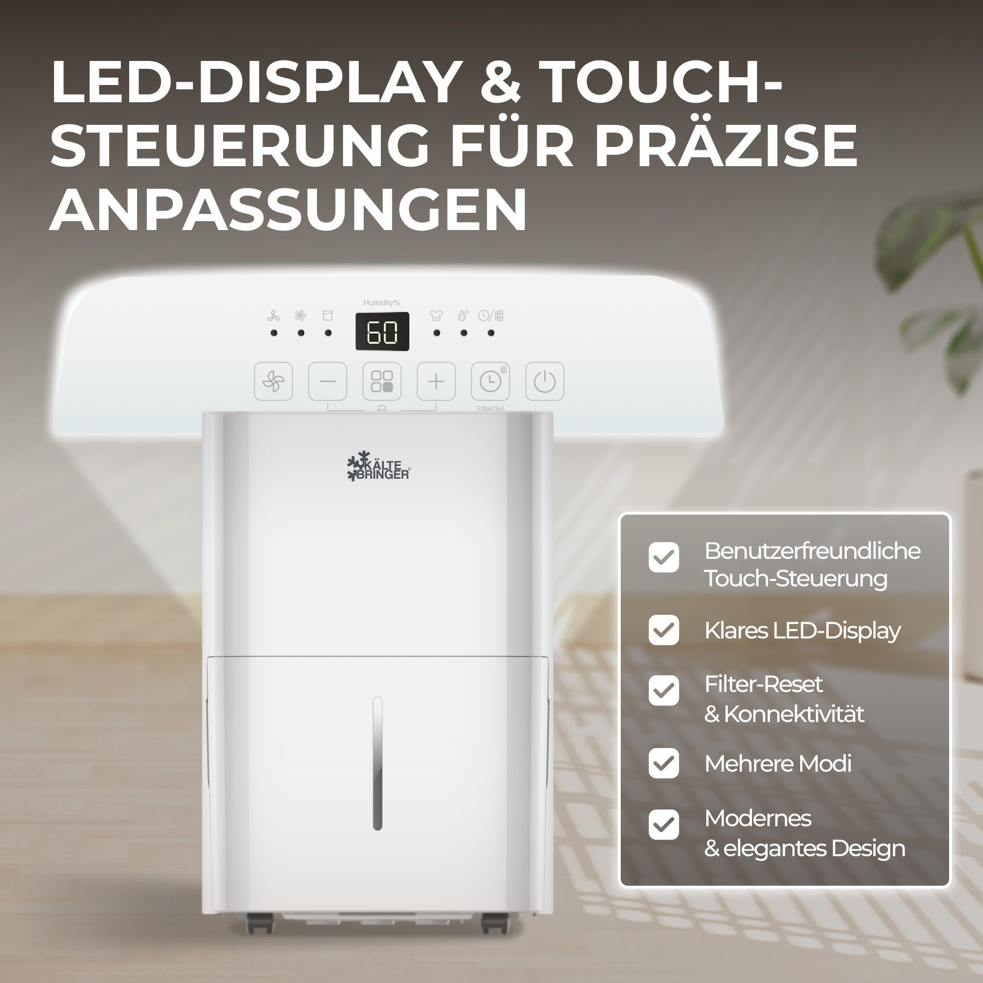 Kältebringer Luftentfeuchter, 20L/24h, bis 50m² (125m) LED Display, sehr leise & energiesparend