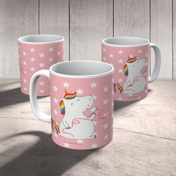 Mr. & Mrs. Panda Kinderbecher Einhorn Näherin - Rot Pastell - Geschenk, Outdoorgeschirr, Kindertass, Kunststoff, Mikrowellenbeständig