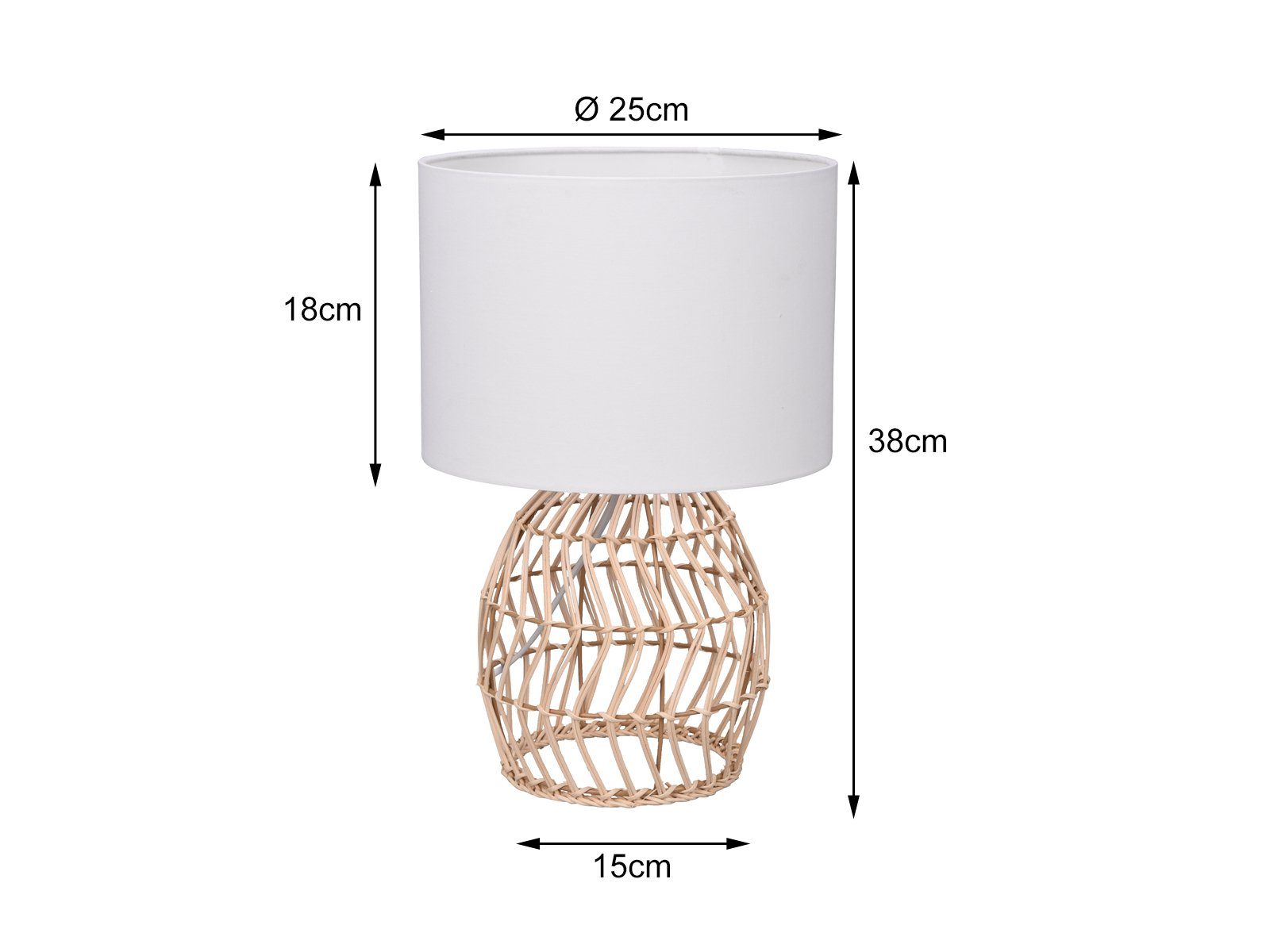 Reality Leuchten LED Nachttischlampe, Dimmfunktion, LED wechselbar, Warmweiß, dimmbar im Boho Style mit Rattan & Stoff Lampenschirm Weiß, Höhe 38cm
