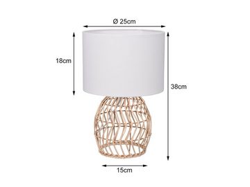 meineWunschleuchte LED Nachttischlampe, Dimmfunktion, LED wechselbar, Warmweiß, dimmbar im Boho Style mit Rattan & Stoff Lampenschirm Weiß, Höhe 38cm