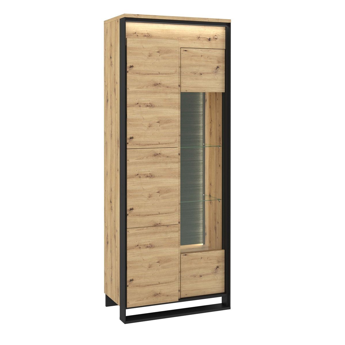 Compleo Vitrine LIMA, Loft Stil Schrank mit Glasregalen, mit Holzeinlegeböden 2-türig Standregal | Vitrinenschränke