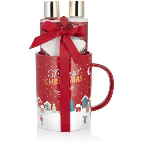 BRUBAKER Hautreinigungs-Set Dusch- und Badeset mit Winter Beeren Duft, 4-tlg., Weihnachten Geschenkset in großer Weihnachtstasse für Frauen, Damen Beauty Pflegeset, Wellness Set, Rot