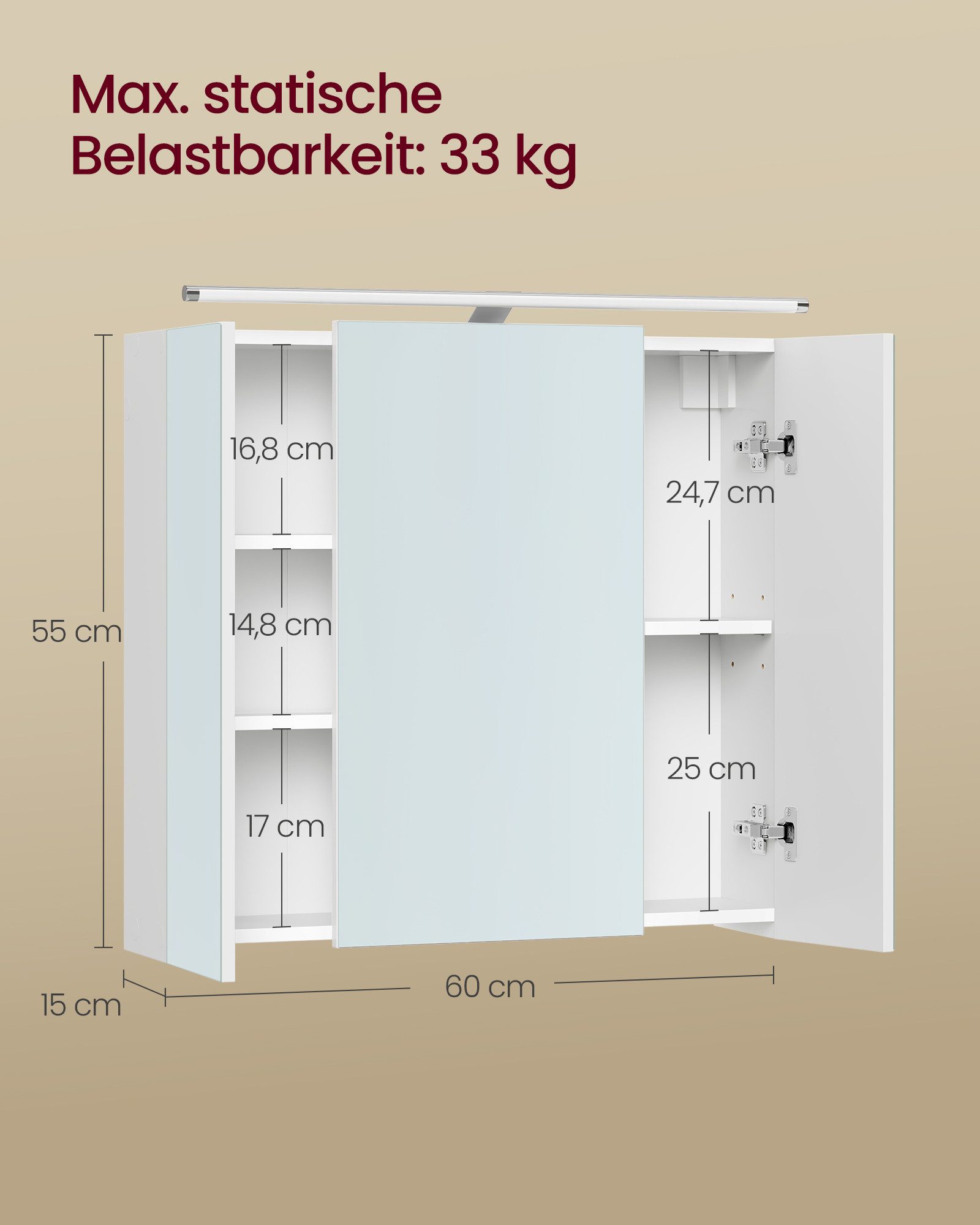 VASAGLE Spiegelschrank Badezimmerschrank mit verstellbaren Ablagen mit 3 Türen 15 x 60 x 55 cm, Bad mit Beleuchtung, moderner Stil, Wandschrank – Bild 5 von 5