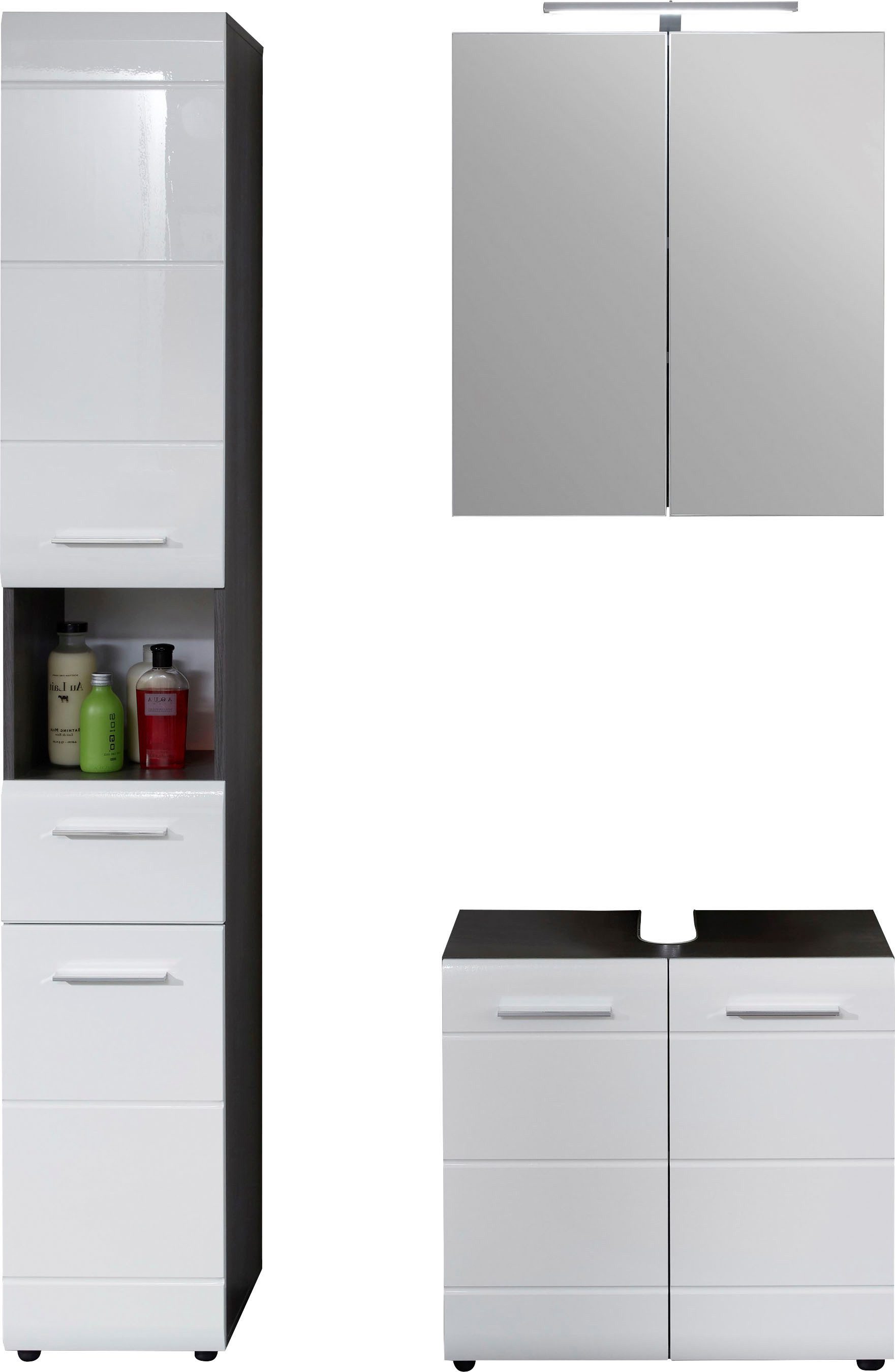 welltime Badmöbel-Set Sovana, (Set, 3-St), Hochschrank, Waschtisch und Spiegelschrank mit Beleuchtung
