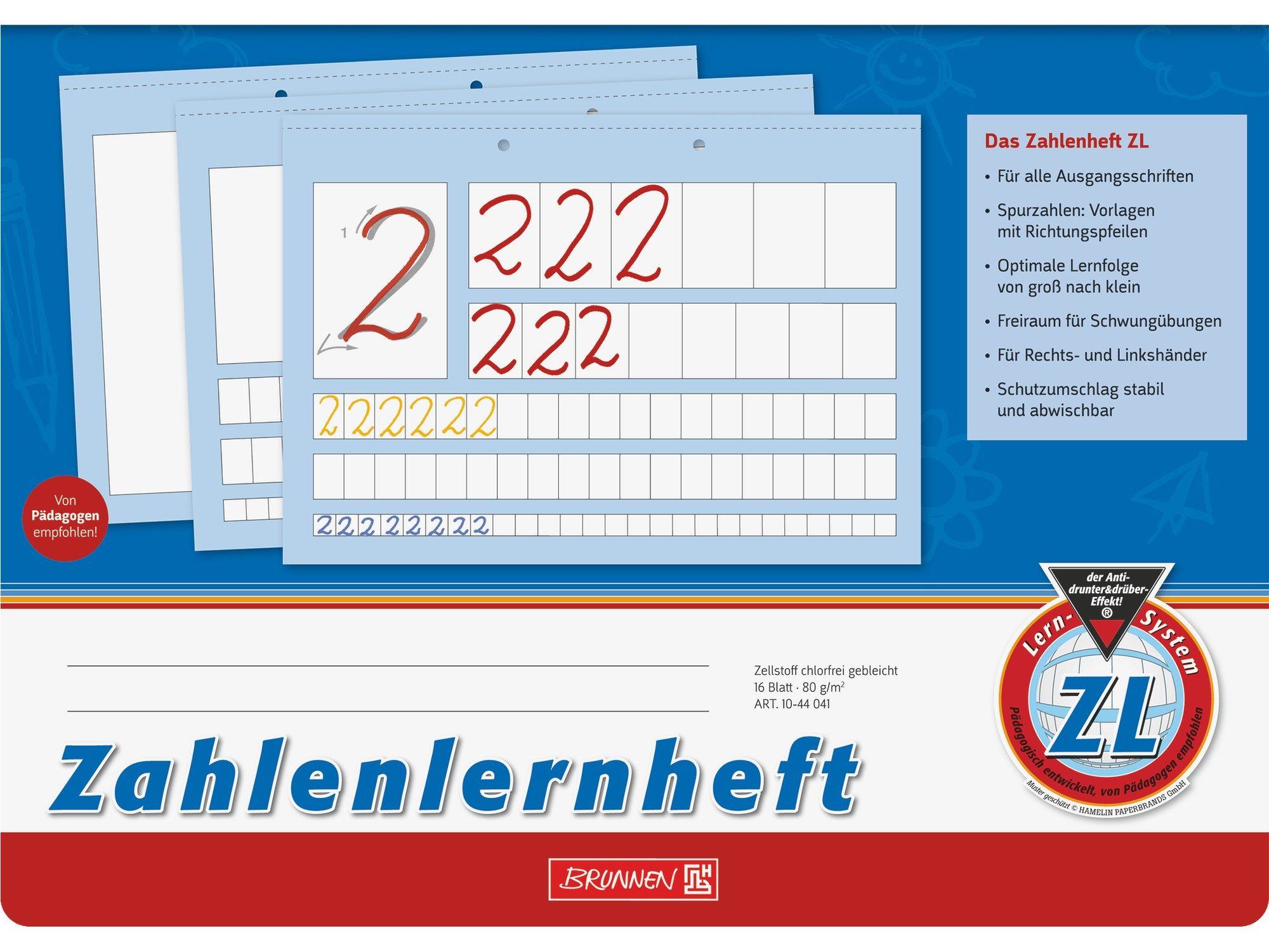 Baier & Schneider Schulheft Zahlenlernheft A4 quer Lineatur ZL 16 Blatt blau, abgerundete Ecken