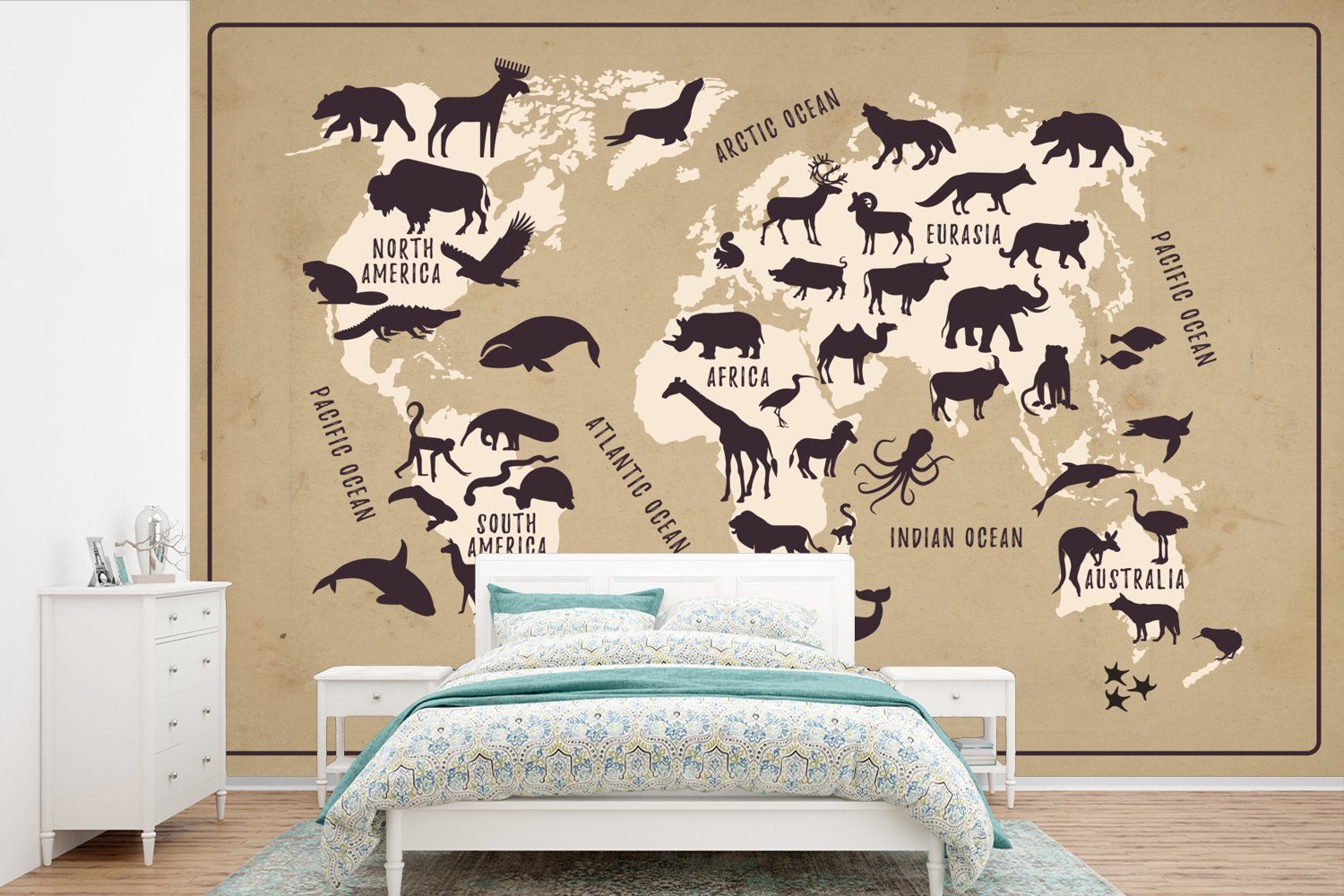 MuchoWow Fototapete Weltkarte - Beige - Tiere, Matt, bedruckt, (6 St), Wallpaper für Wohnzimmer, Schlafzimmer, Kinderzimmer, Vinyl Tapete