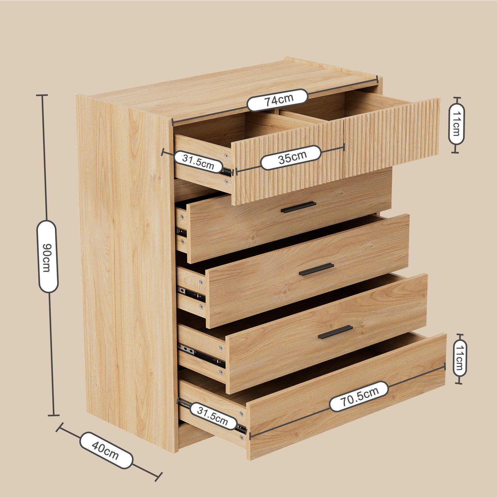 HOMAVO Kommode DG1 mit 6 Schubladen für Wohnzimmer Schlafzimmer modern & geräumig, FSC®, viel Stauraum, pflegeleicht-74 × 40 × 90 cm (B × T × H)