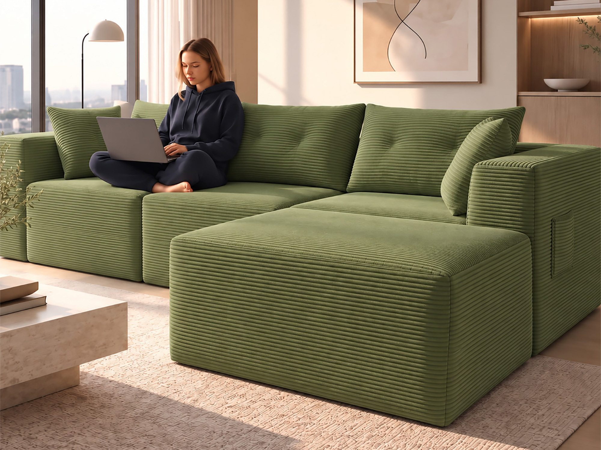 GLP Sofa Ecksofa aus Cord mit Taschenfederkern, B: 254 cm, 70 cm Sitztiefe, 3-Sitzer mit Hocker und 5 Kissen, 4 flexibel kombinierbare …