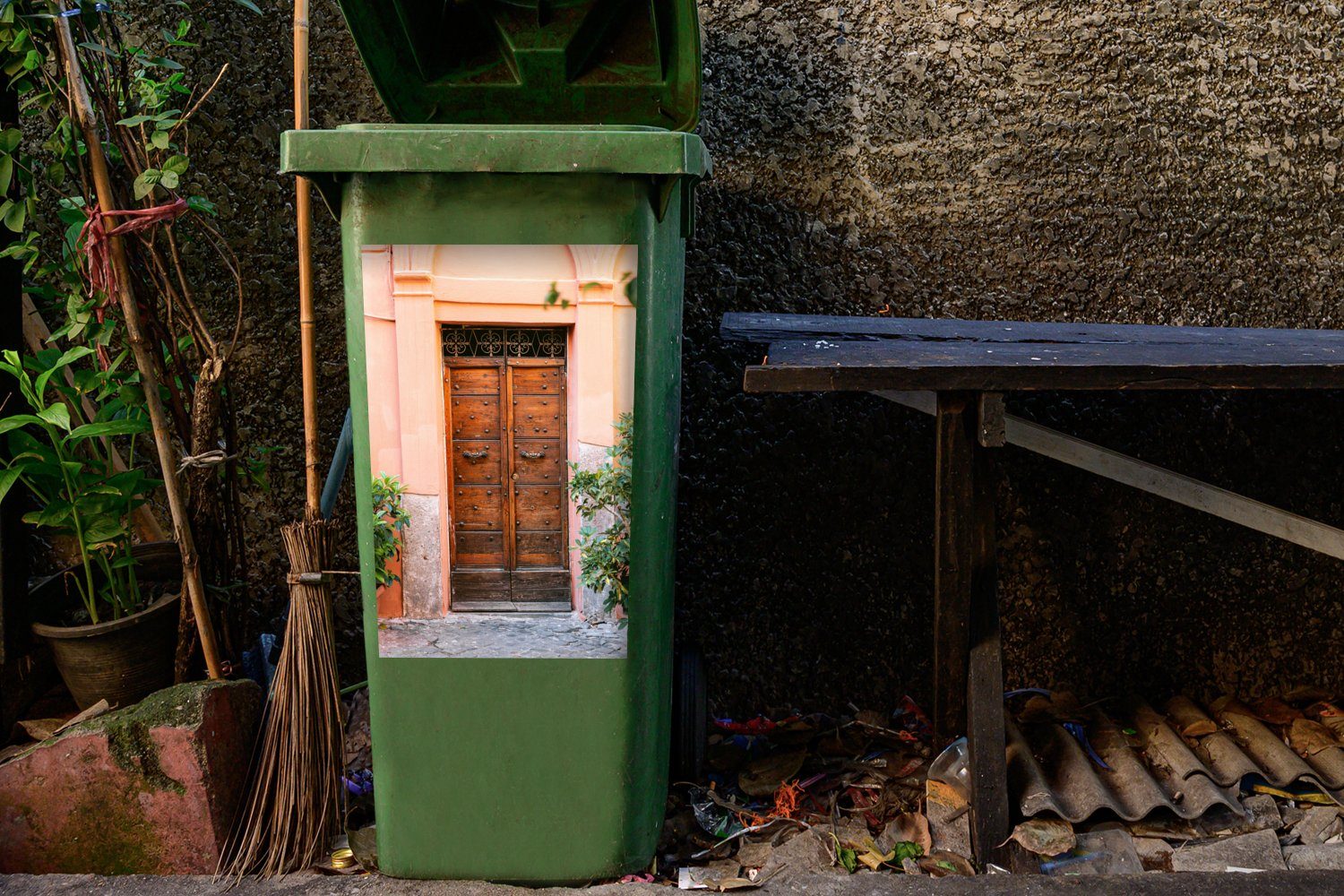 Holz Mülleimer-aufkleber, - - Wandsticker MuchoWow Pflanzen Tür - Mülltonne, Sticker, Grün Container, Abfalbehälter St), (1