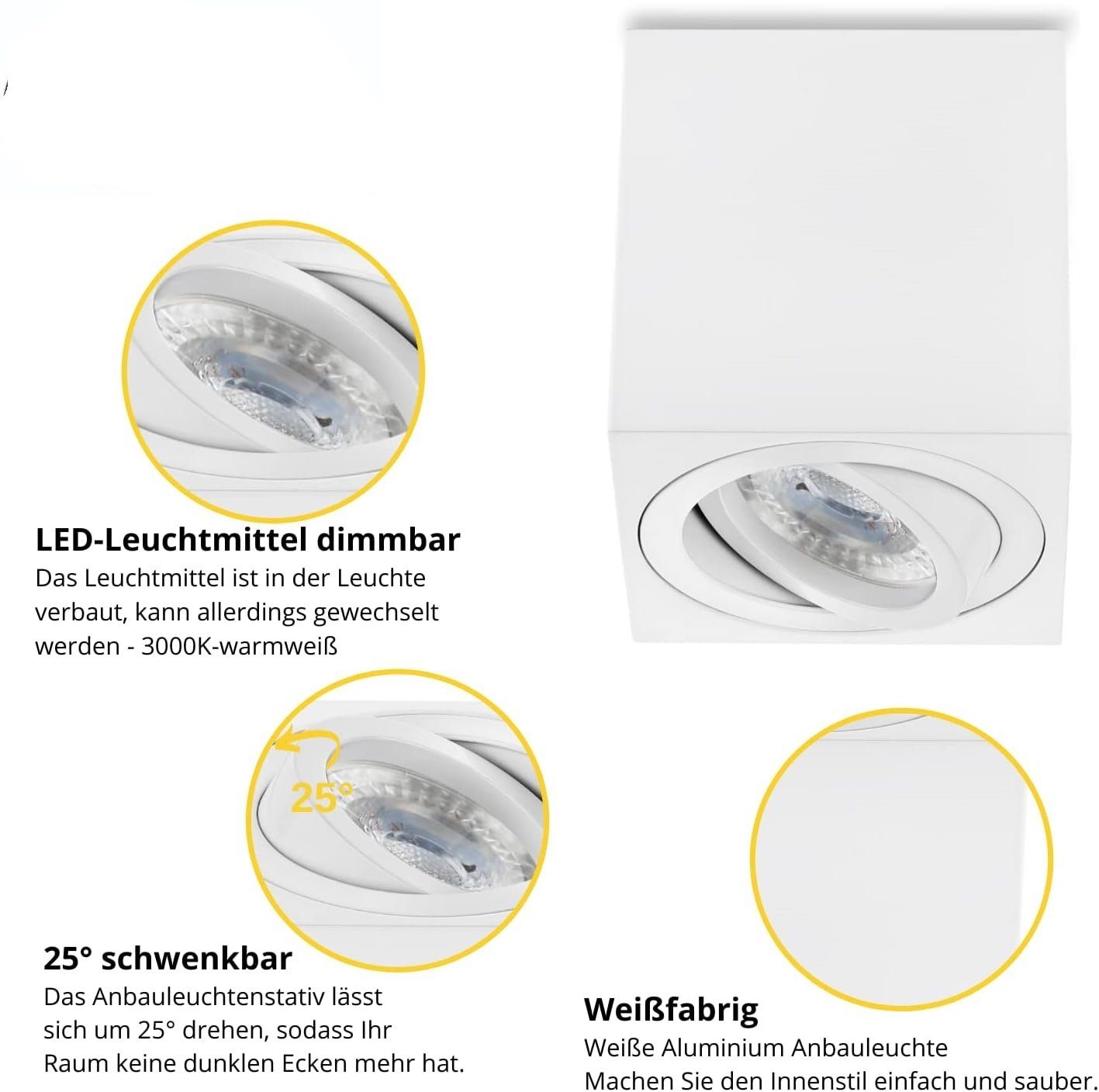 Sweet LED LED Deckenspots spots Deckenaufbauleuchte, 7W Decken Leuchtmittel wechselbar, Warmweiß, weiß dimmbar Aluminium Deckenspot Aufbaustrahler, strahler, eckig GU10 Aufbauspots