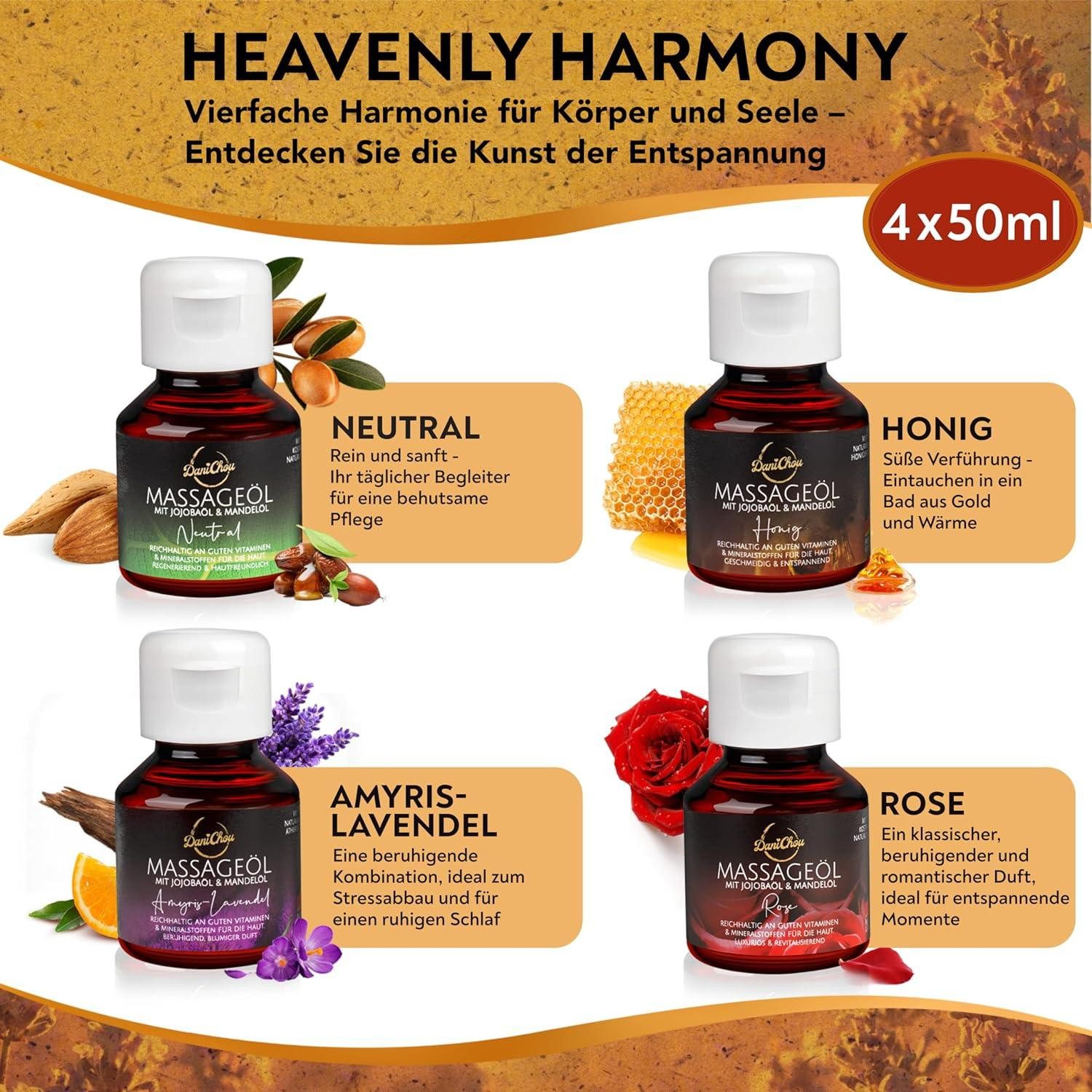 DaniChou Massageöl Heavenly Harmony Probierset - 4x 50ml Massageöle, Massage Öl, Wellness & Massage - Ideal als Geschenkset, 4-tlg., Natürliche Öle - Rose, Honig, Neutral, Amyris-Lavendel