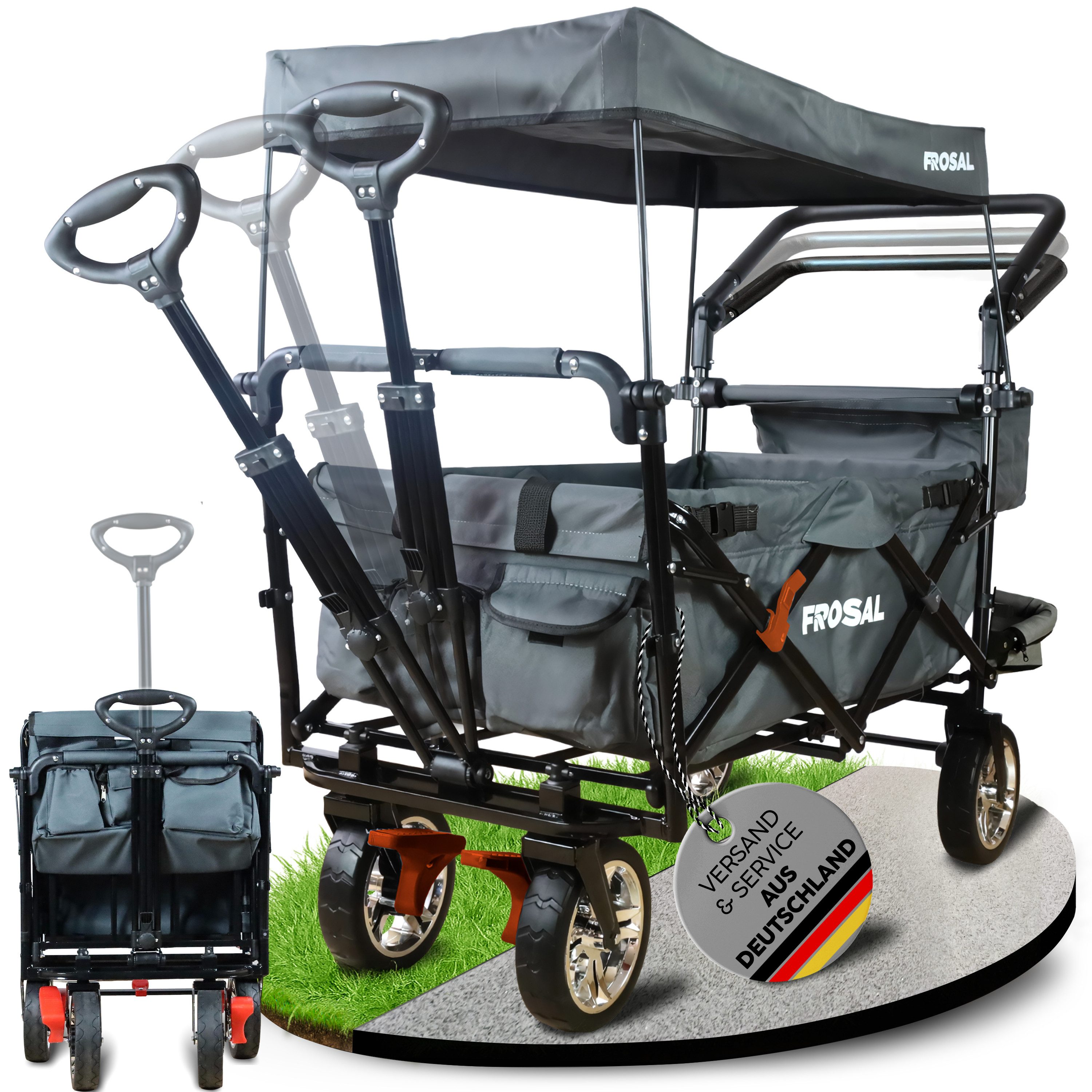 Frosal Bollerwagen Leo mit Sonnendach und Stauraumerweiterung faltbar, grau faltbar