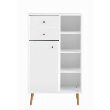 Lomadox Hochschrank JASLO-80 Badzimmer Highboard Badschrank weiß, Füße Eiche massiv 68x119x34 cm