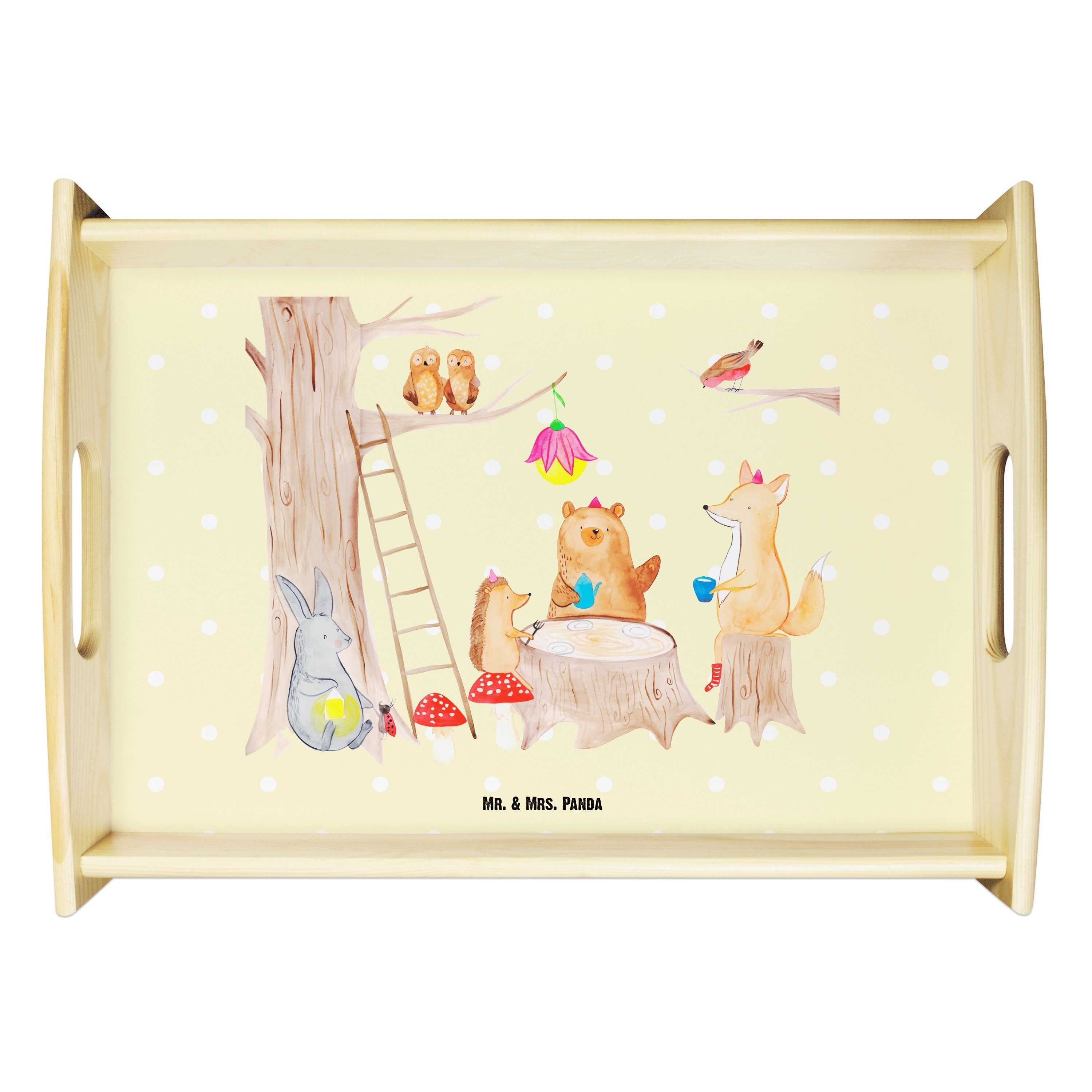 Mr. & Mrs. Panda Tablett Waldtiere Picknick - Gelb Pastell - Geschenk, Frühstückstablett, Igel, Echtholz lasiert, (1-tlg)