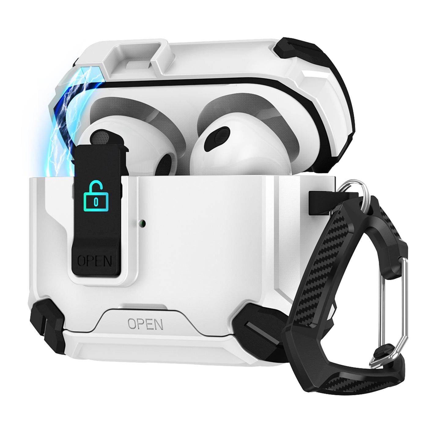 CoolGadget Kopfhörer-Schutzhülle Defender Hülle für Apple AirPods 4 magnetisch mit Karabiner, 360° Full-Body Case Schutzhülle Handy Standfunktion magnetisch ladbar