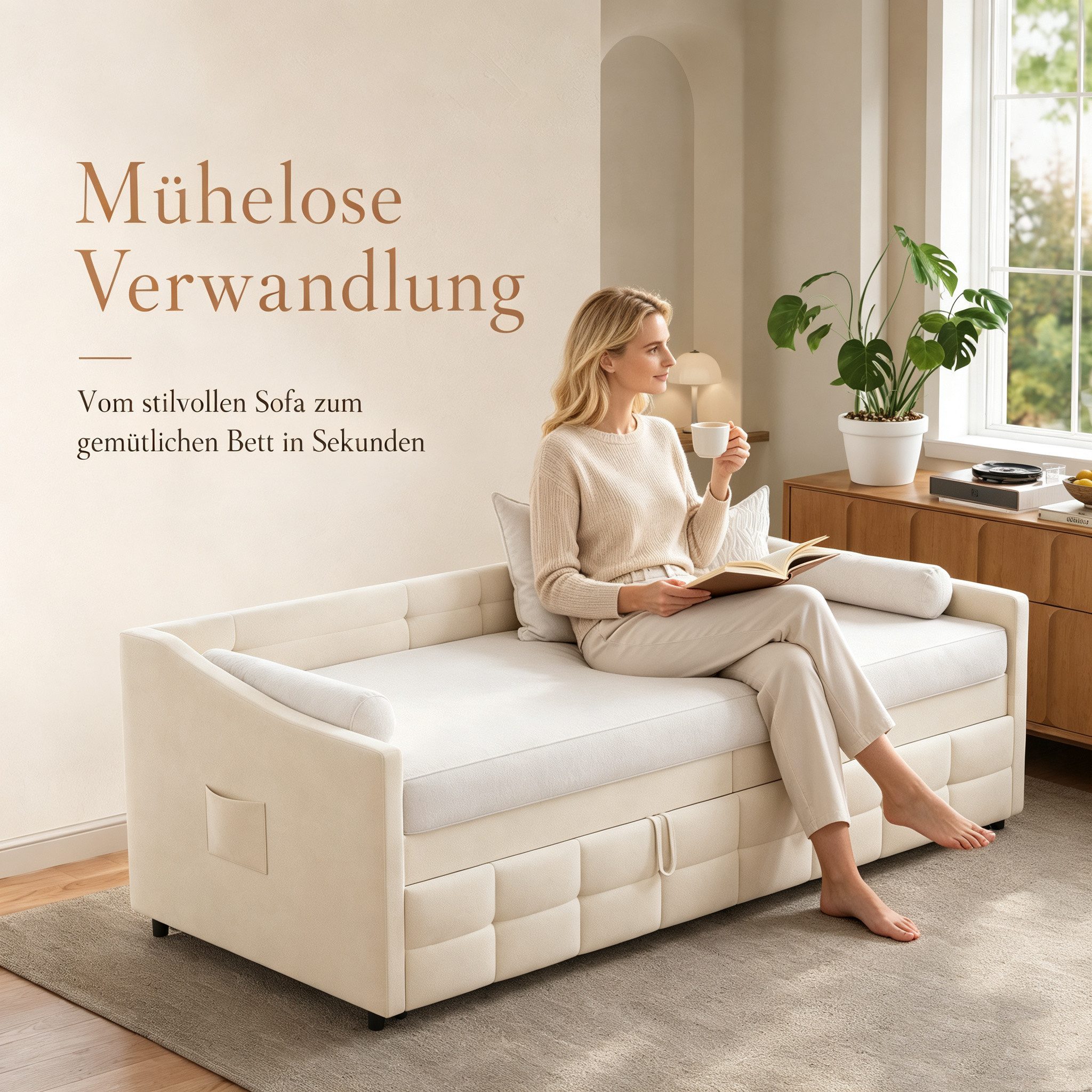 Simurq Daybett Schlafsofa 90x200 mit Unterbett, Ausziehbett, Tagesbett, Gästebett, Polsterbett, Mit Lattenrost, Samt