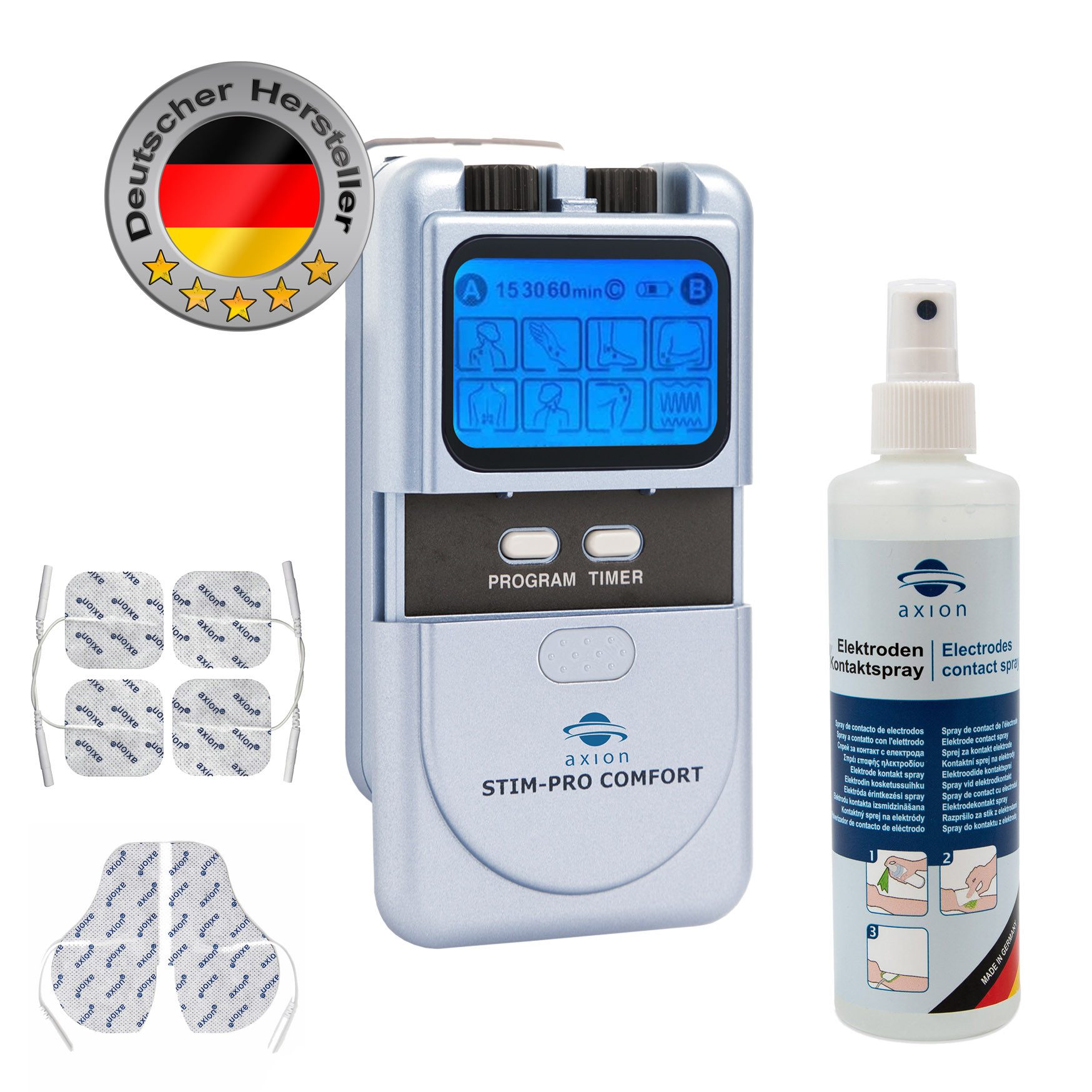 Axion TENS-Gerät STIM-PRO COMFORT TENS Gerät gegen Schmerzen, MEDIZINPRODUKT, mit Reinigungsspray und Nackenelektrode