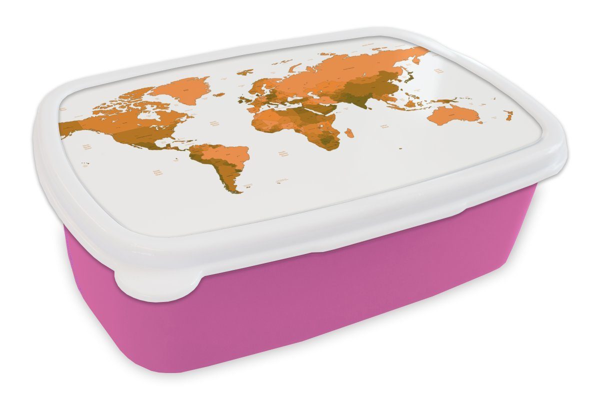MuchoWow Lunchbox Weltkarte - Orange - Einfach, Kunststoff, (2-tlg), Brotbox für Erwachsene, Brotdose Kinder, Snackbox, Mädchen, Kunststoff rosa