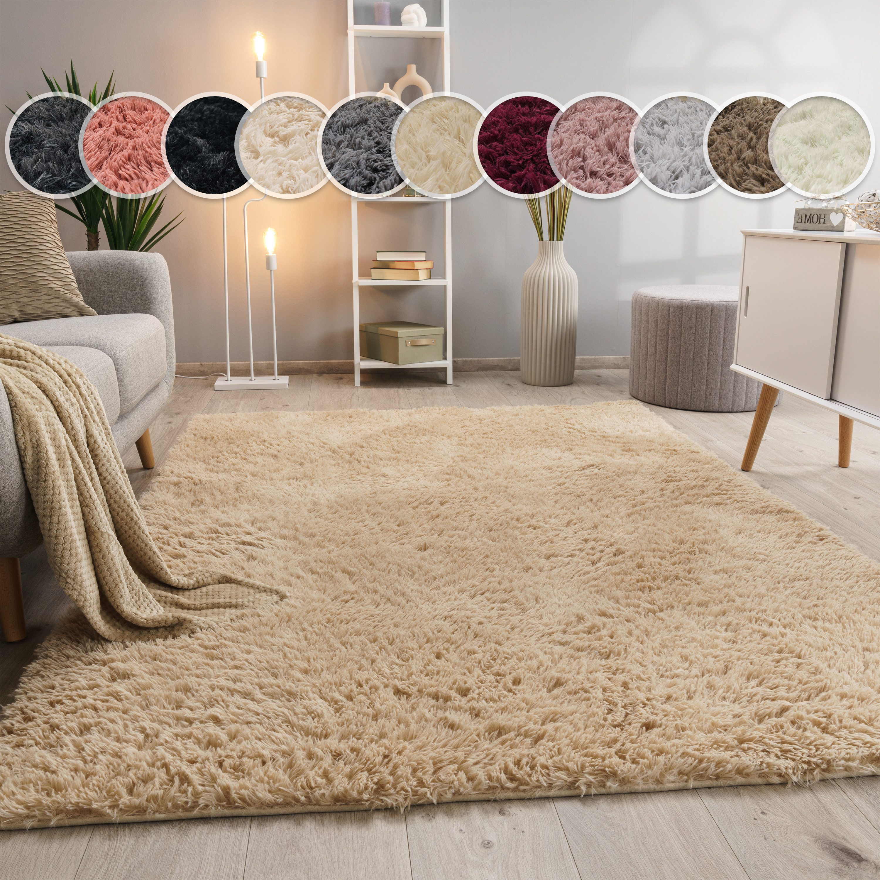 Paco Home Hochflor-Teppich Silky 591, rechteckig, Höhe: 37 mm, Uni-Farben, besonders weich und kuschelig, Wohnzimmer