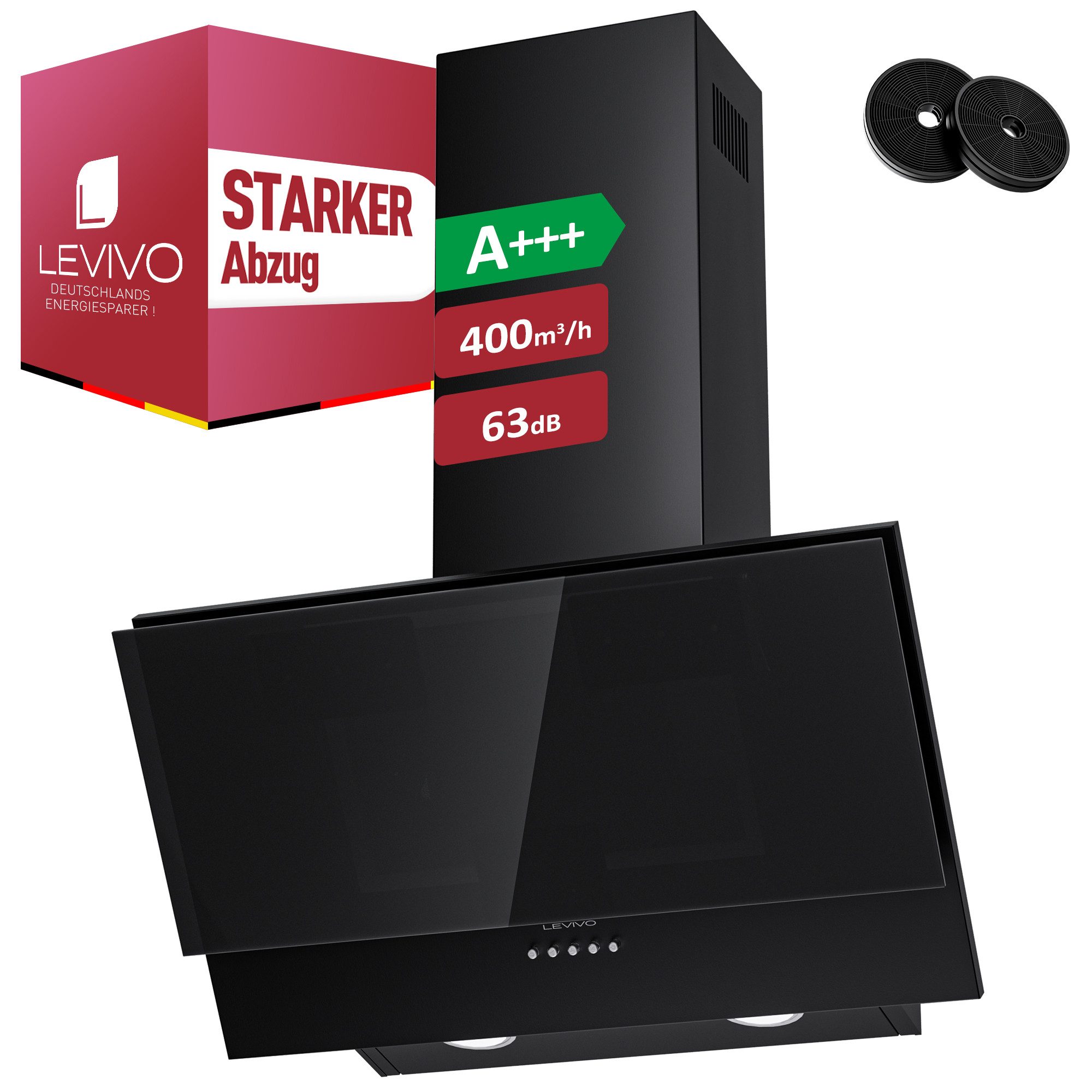Levivo Kopffreihaube A+++ Dunstabzugshaube 60cm Umluft & Abluft mit 400 m³/h Luftleistung A+++ Dunstabzugshaube 60cm Umluft & Abluft mit 400 m³/h Luftleistung, Aktivkohlefiltern, Fettfiltern, LED-Beleuchtung