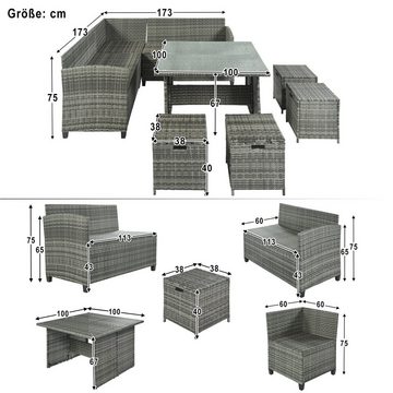 BlingBin Gartenlounge-Set Patio-Esssofa-Set mit Esstisch +Stuhl +4 Ottomanen+ Kissen