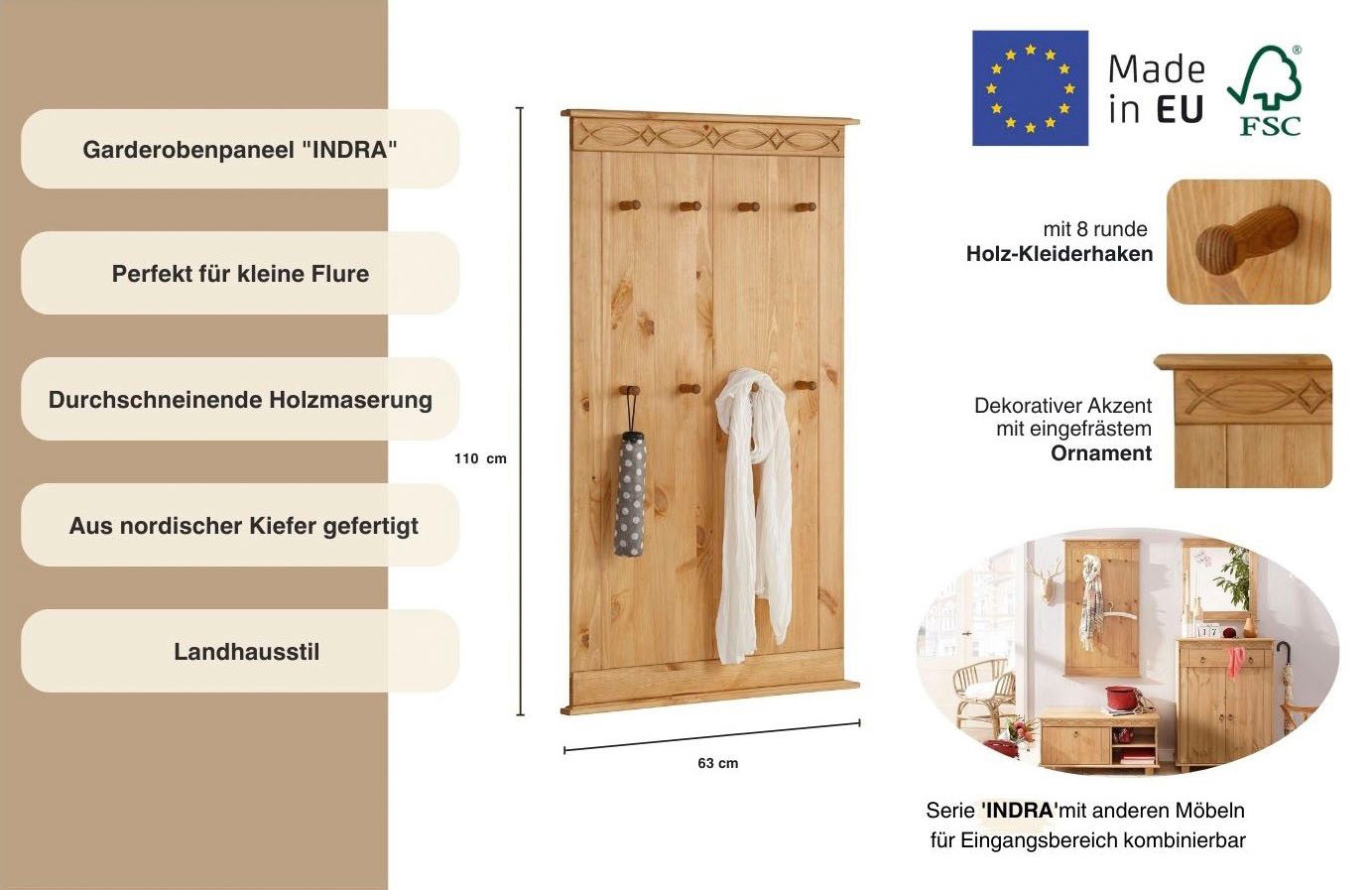 OTTO home Garderobenpaneel Indra (B/T/H: 63/6/100 cm), aus massiver Kiefer, FSC®, 8 Haken, dezentes Ornament – Bild 4 von 5