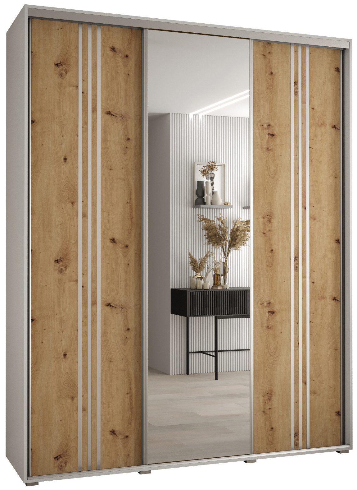 ABIKS MÖBEL Schwebetürenschrank Davos 7 Schlafzimmerschrank mit Spiegel, Kleiderstange und Regalen