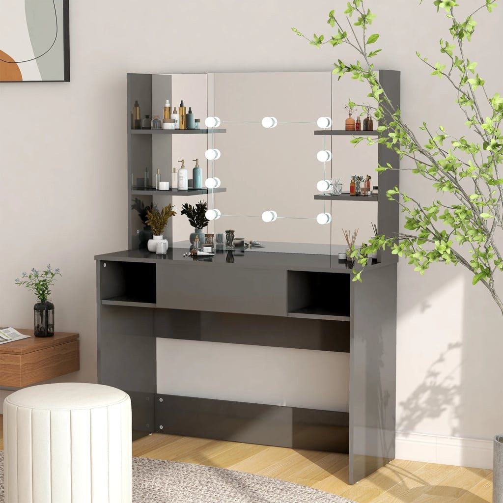 furnicato Schminktisch Eleganter 100x40x135 cm in glänzendem Grau aus MDF (1-St), Kosmetikspiegel-Tisch mit LED-Lampen, USB-Anschluss und Wandhalterung