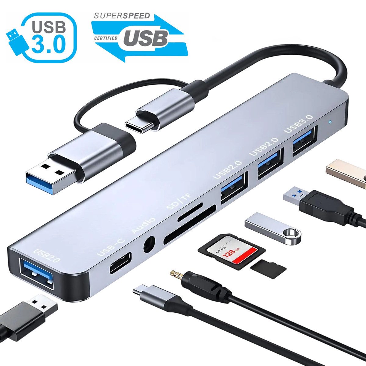 USB-C Hub 8-IN-2 Adapter USB 3.0 Verteiler Splitter Kartenleser Laptop USB-Adapter
