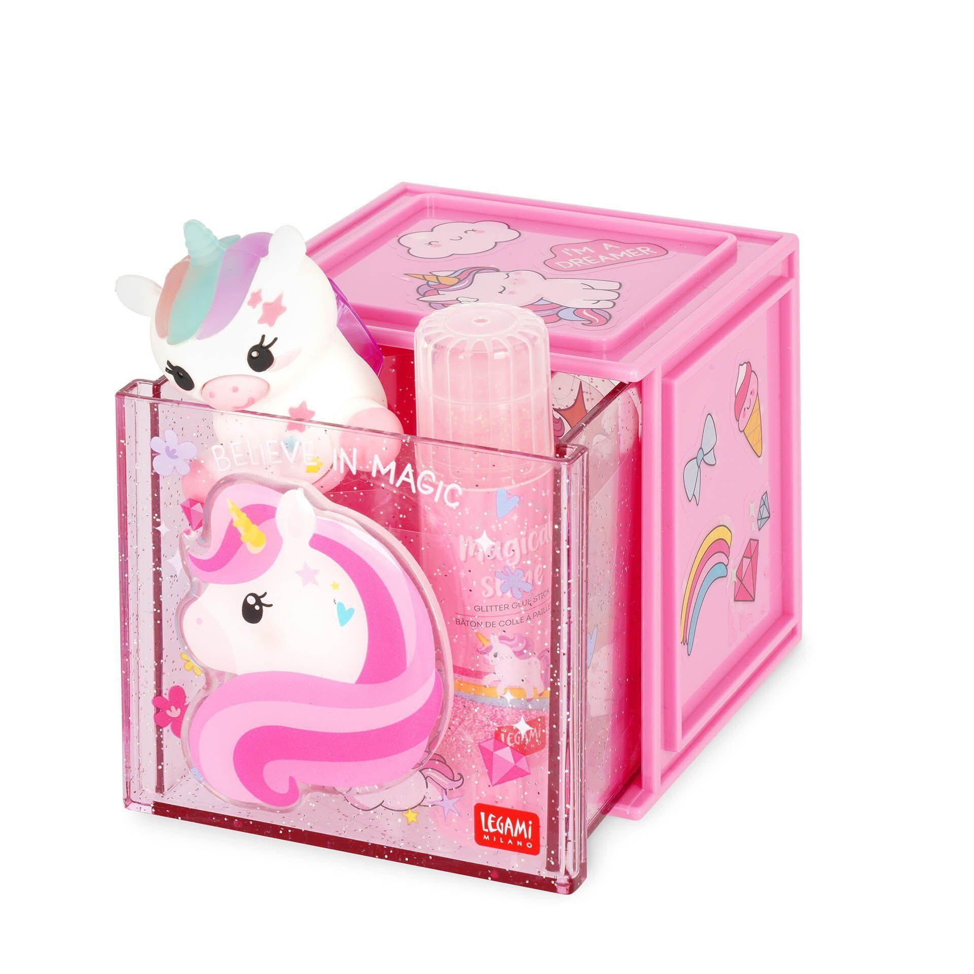 Legami Aufbewahrungsbox LEGAMI Erweiterbare Schreibtischbox - Cutie Cube - EINHORN