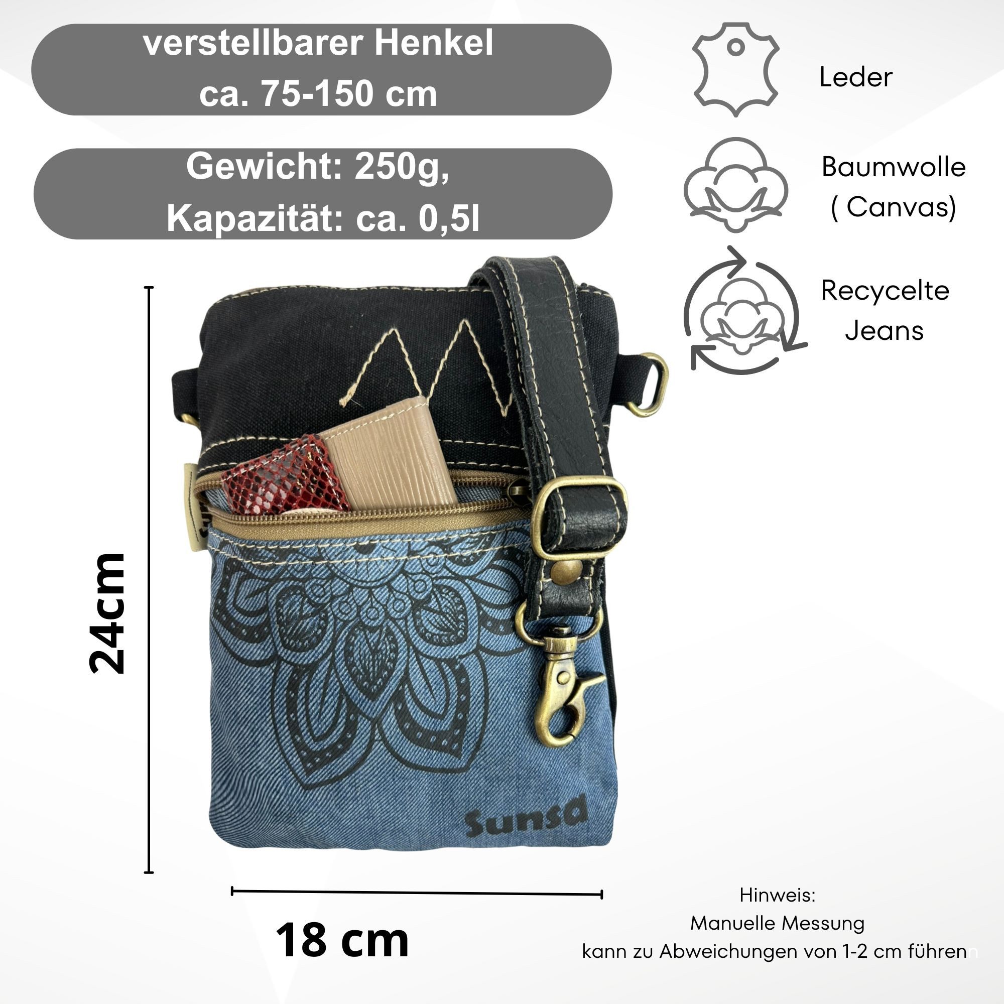 Sunsa Umhängetasche Upcycling Jeans Tasche kleine Umhängetasche Crossbody Bag Damentasche, Mandala Aufdruck