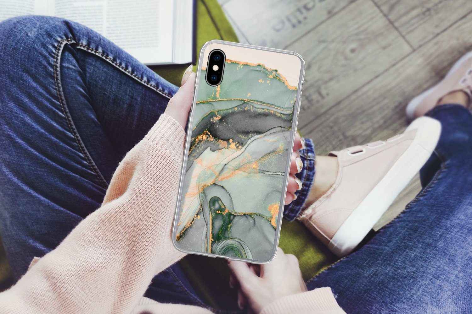 MuchoWow Handyhülle für Apple iPhone X Gold - Marmor - Grün - Luxus - Glitzer - Marmoropti, Smartphone-Bumper, Print, Handy Schutzhülle Dünn