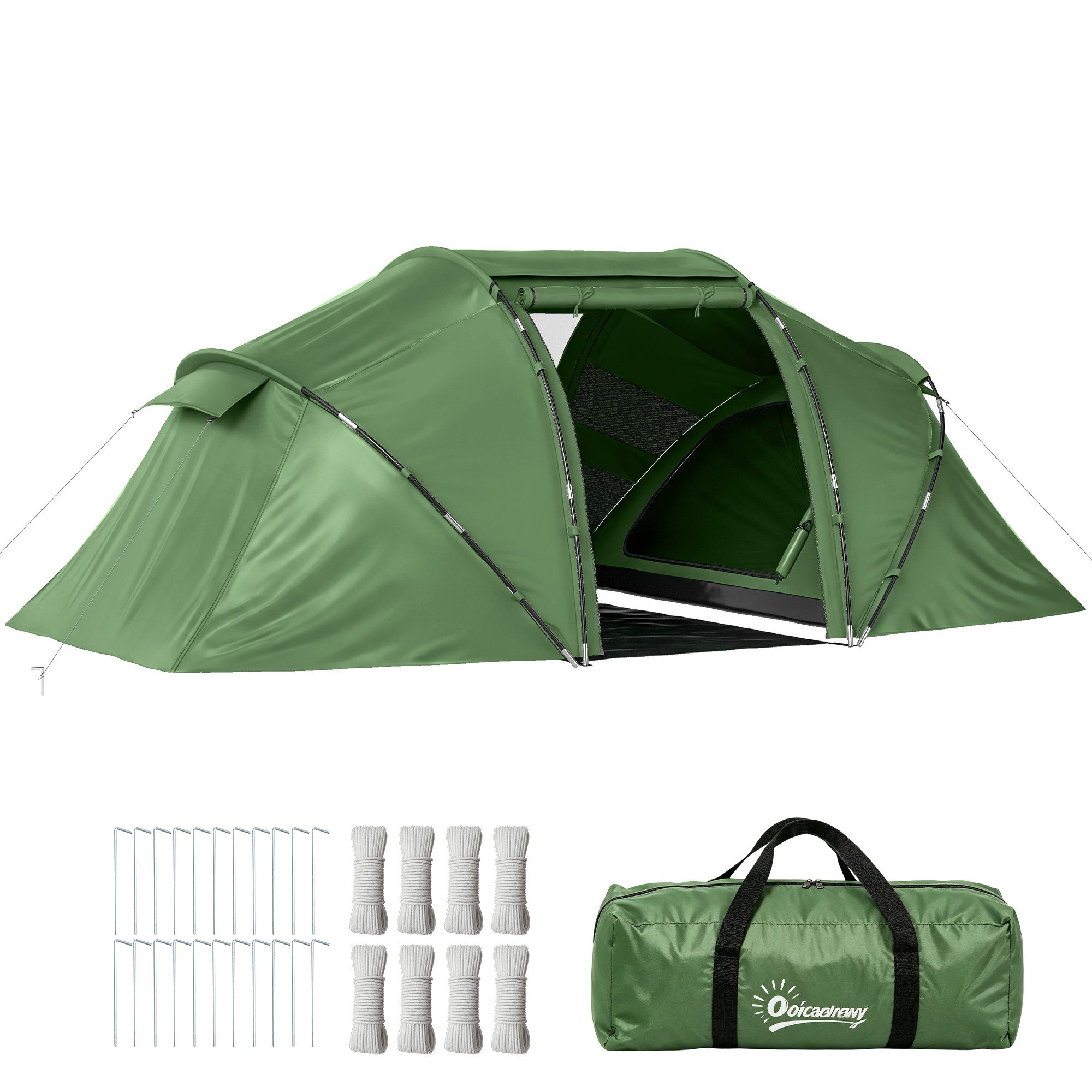 Outsunny Tunnelzelt Campingzelt mit Tür, Bodenplane, 2000mm wasserdicht, Gruppenzelt, Personen: 4 (Familienzelt, 1 tlg., mit Transporttasche, 22 Heringe, 8 Abspannseile), für Camping Reise Trekking Garten, Grün