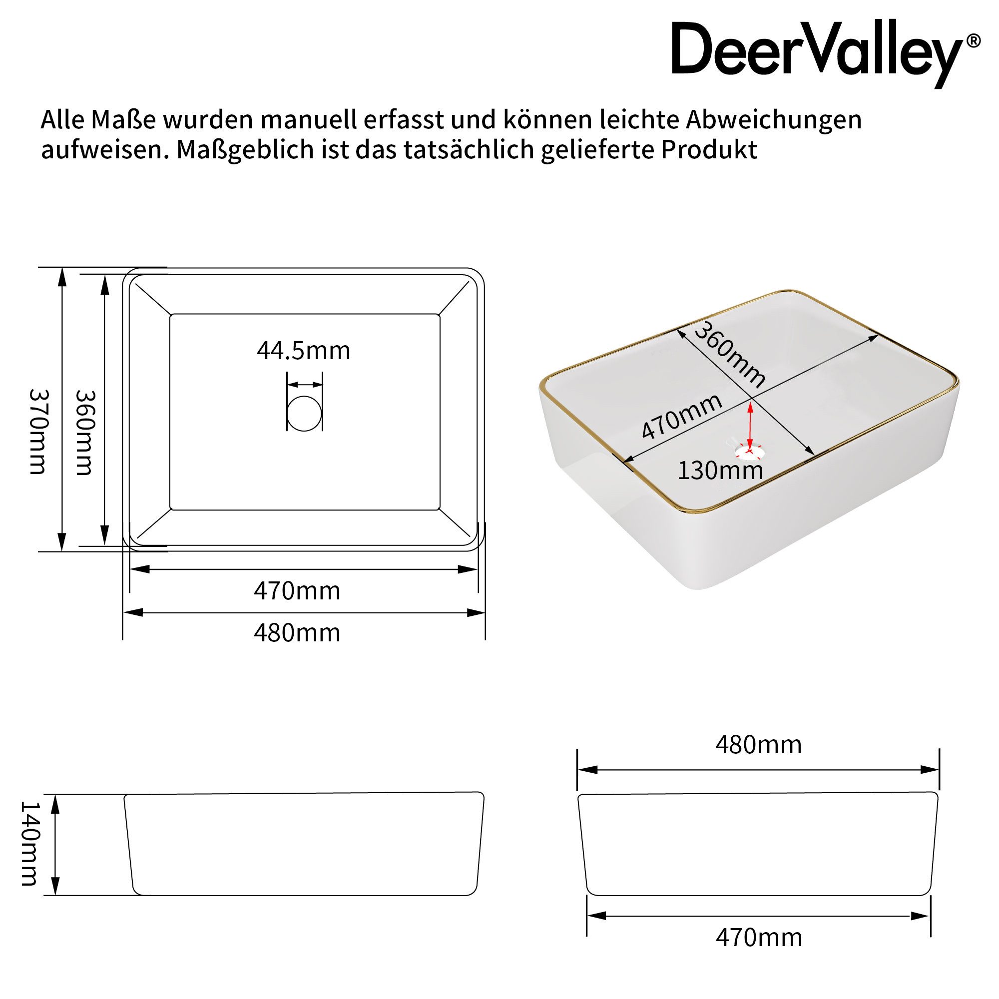 DeerValley Waschbecken Aufsatzwaschbecken Keramik, Glänzende Keramik, Goldrand, pflegeleicht