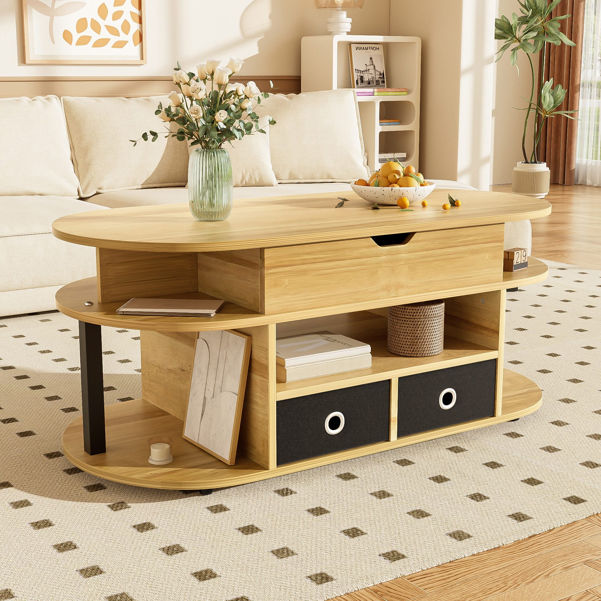 Merax Couchtisch (1-St), Beistelltisch Sofatisch mit Hebefunktion & Stauraum, Holzoptik/Schwarz