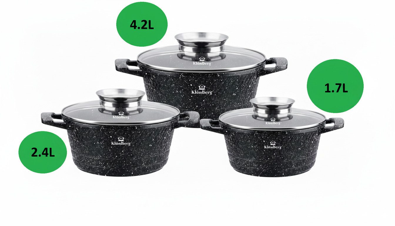 KlönBerg Topf-Set Töpfe mit neuem Design und Steinbeschichtung in 3 verschiedenen Größen, Aluminiumguss, Aluminium (Dieses Topf-Set vereint modernes Design, höchste Qualität und praktische Funktionen – ein unverzichtbarer Helfer für jede Küche!, 6-tlg., Das ideale Geschenk für jede Gelegenheit praktisch und elegant)