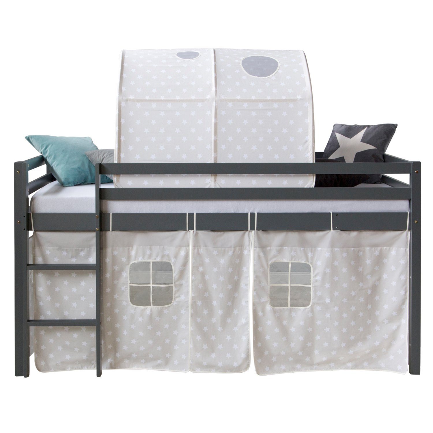 Homestyle4u Hochbett 90x200 mit Vorhang und Tunnel in Grau Sterne 1876 günstig online kaufen