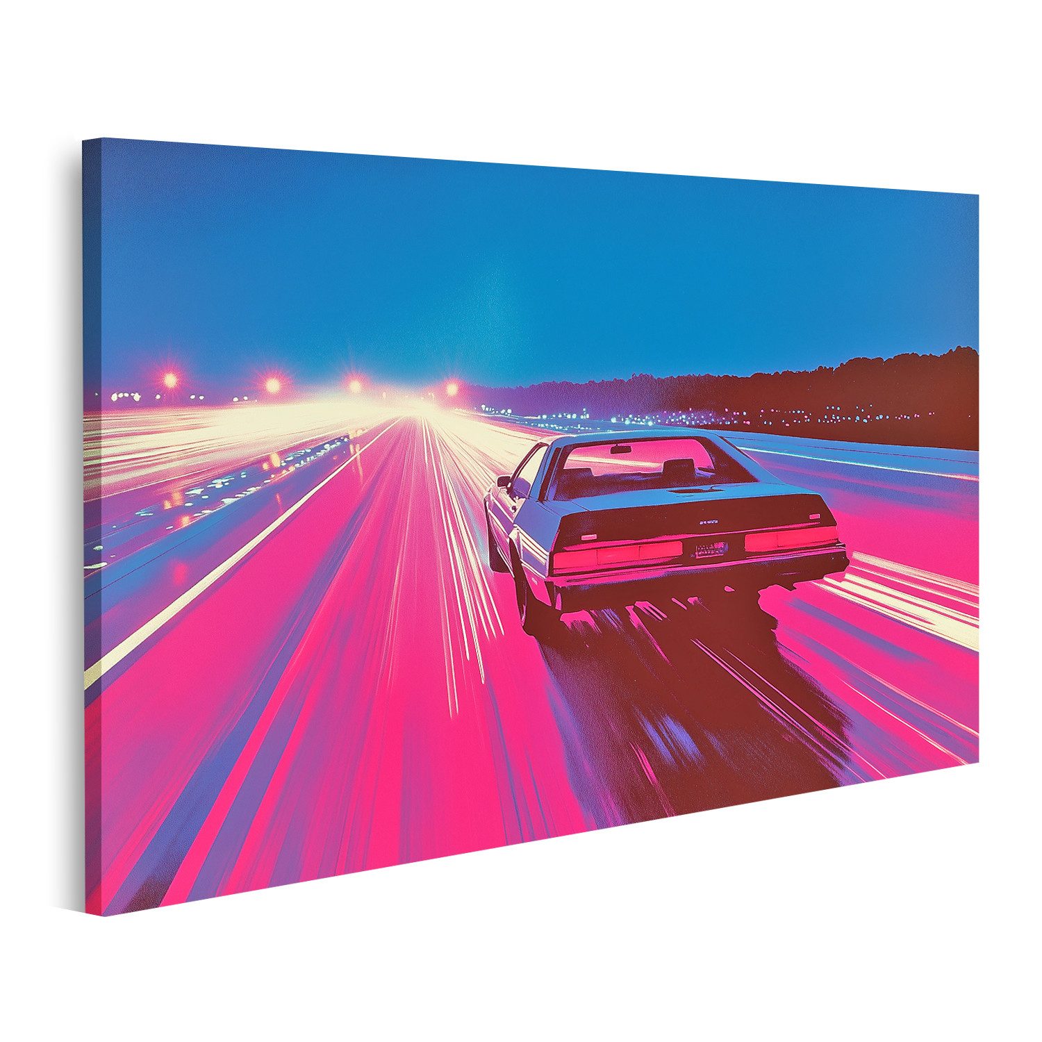 islandburner Leinwandbild Rasantes Retro Auto auf einer beleuchteten Autobahn bei Nacht