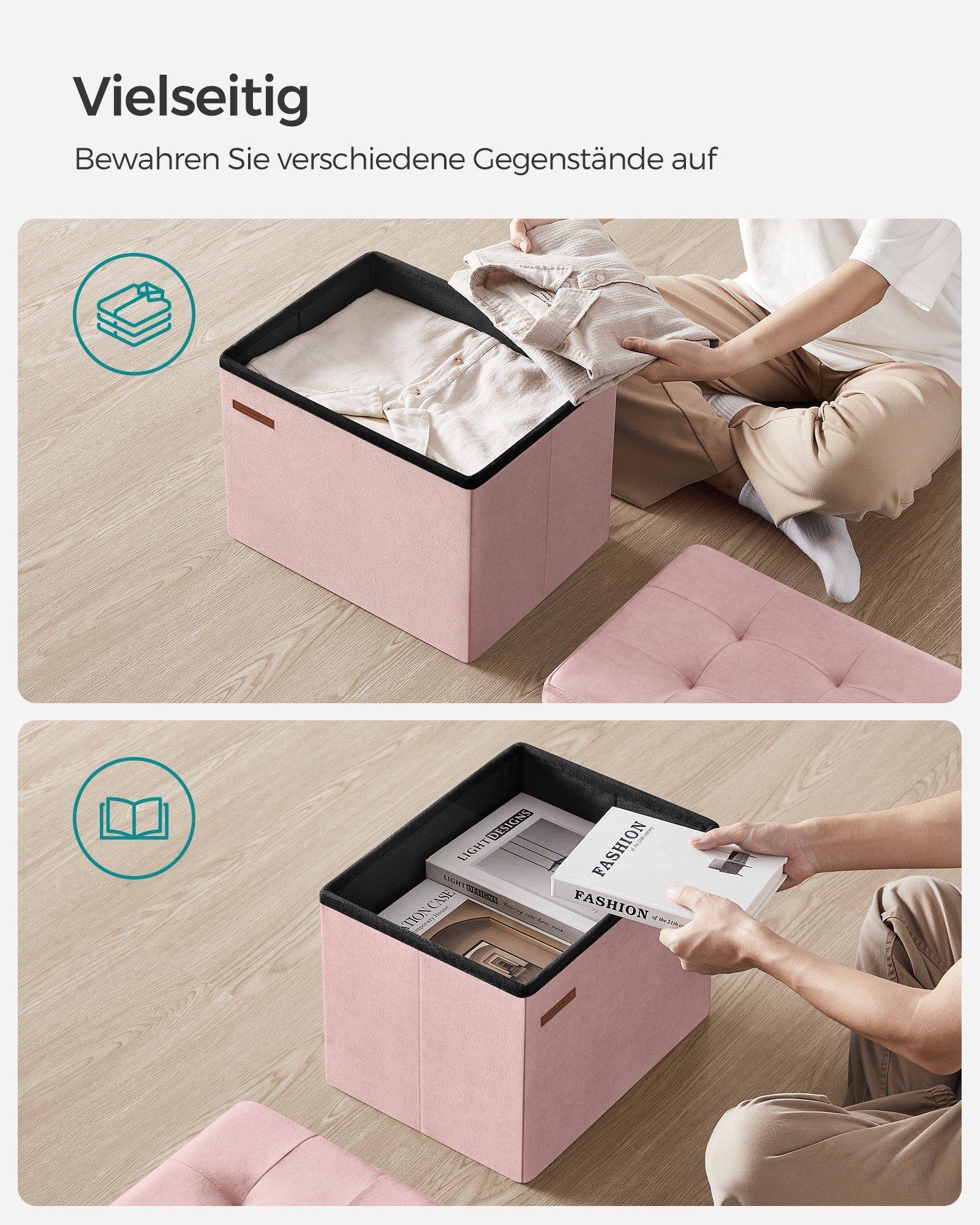 kg bis mit Pastellrosa Aufbewahrungsbox 130 SONGMICS Sitzhocker, Deckel, belastbar